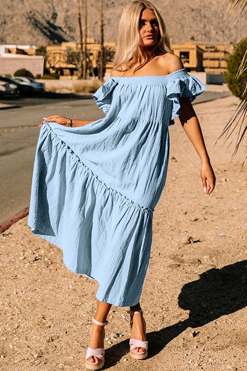 Sky Blue Ruffled Flutter Sleeve Square Neck Textured Tiered Maxi Dress