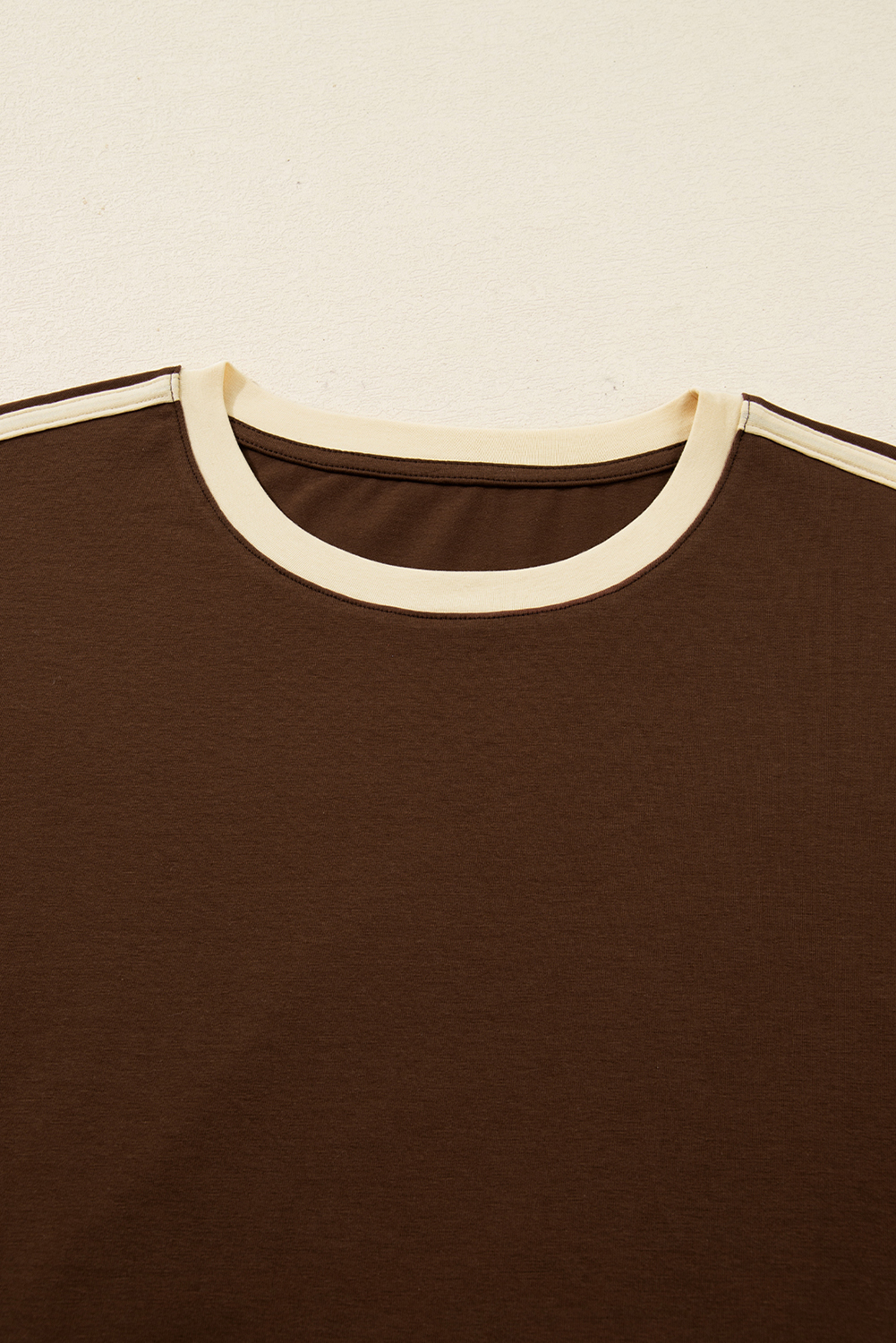 Dark Brown Varsity Striped Accent Contrast Crew Neck Long Sleeve T Shirt