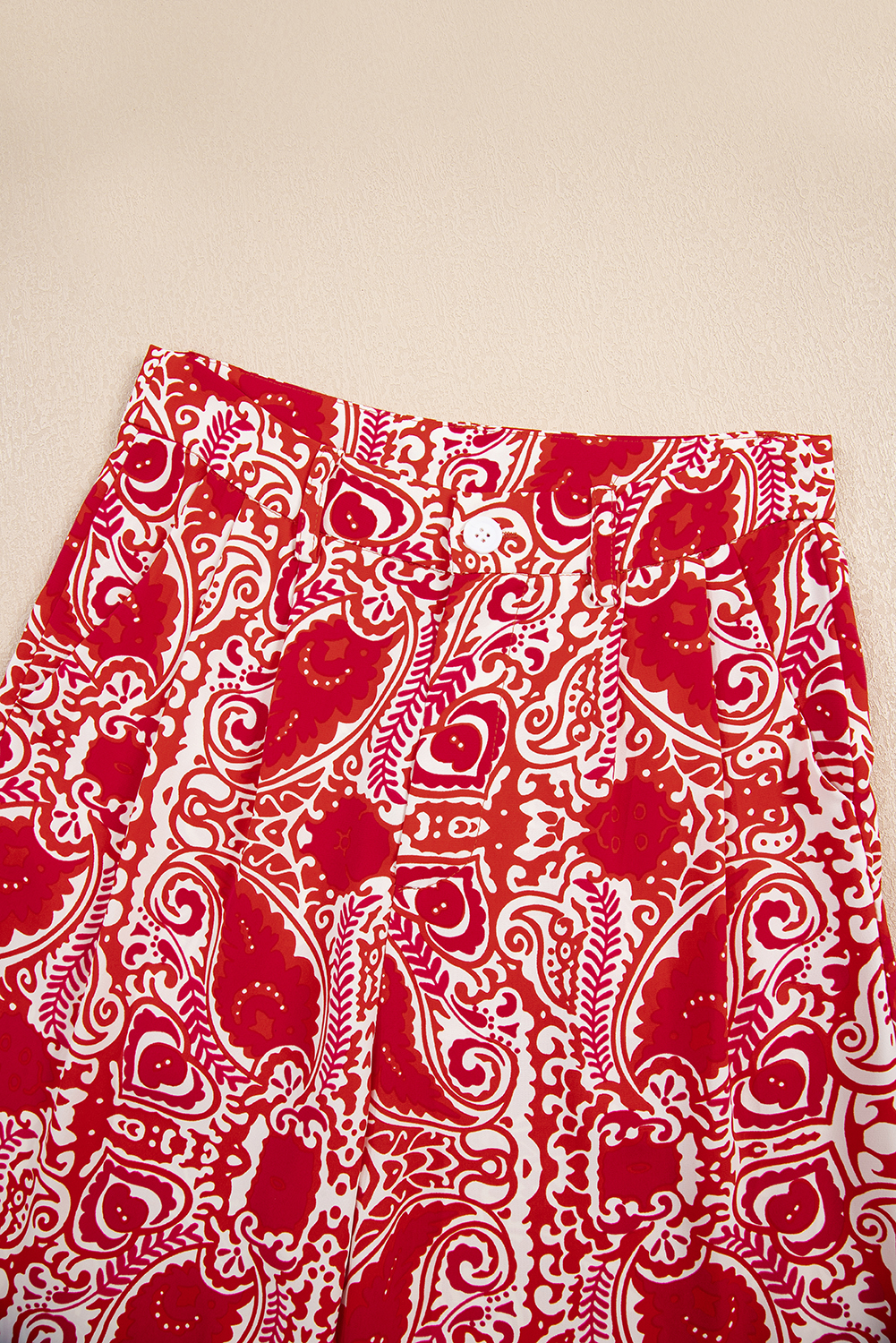Red Paisley Printed Buttoned High Waist Straight Leg Pants