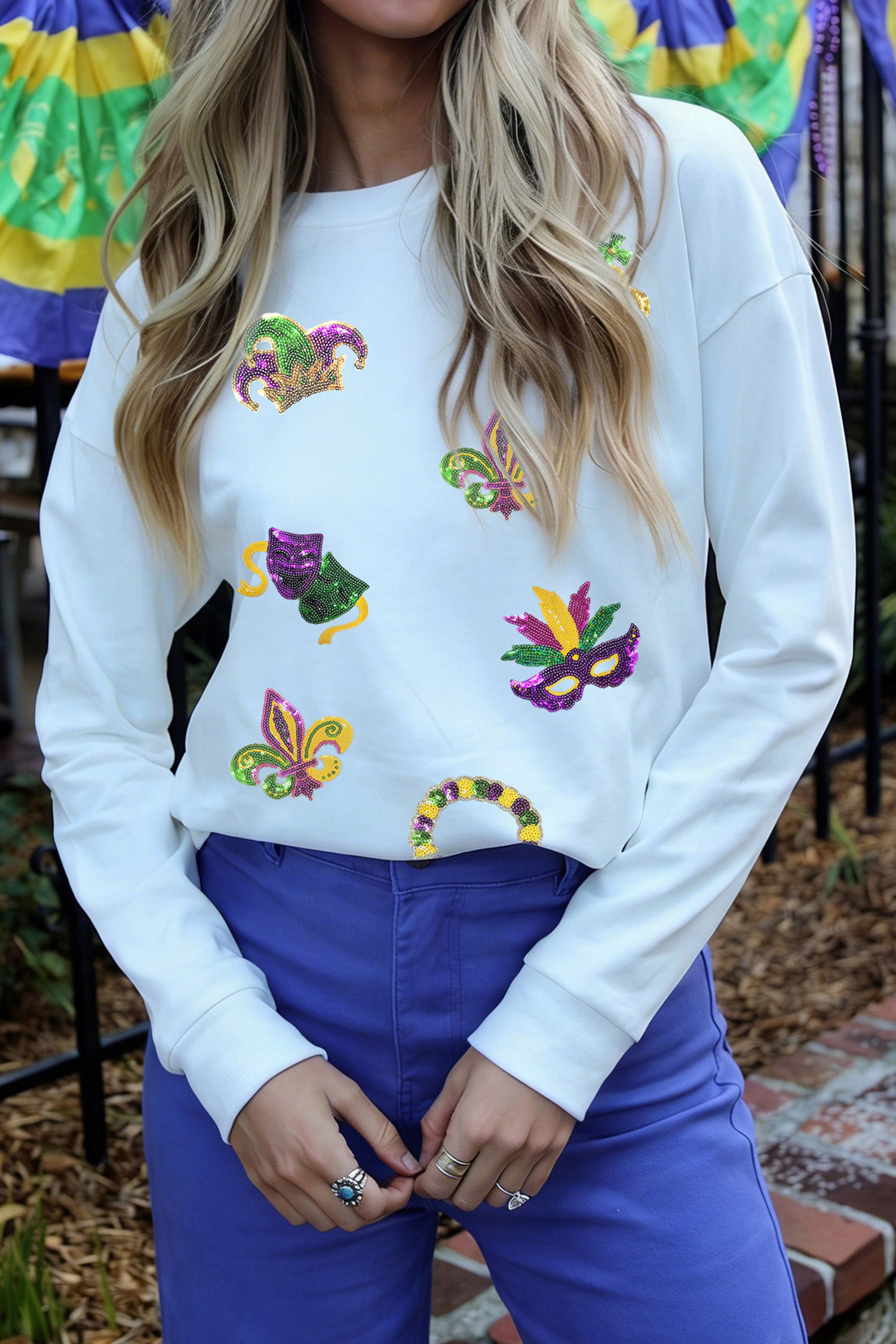 White LUCKY Clover Embroidered Long Sleeve Top