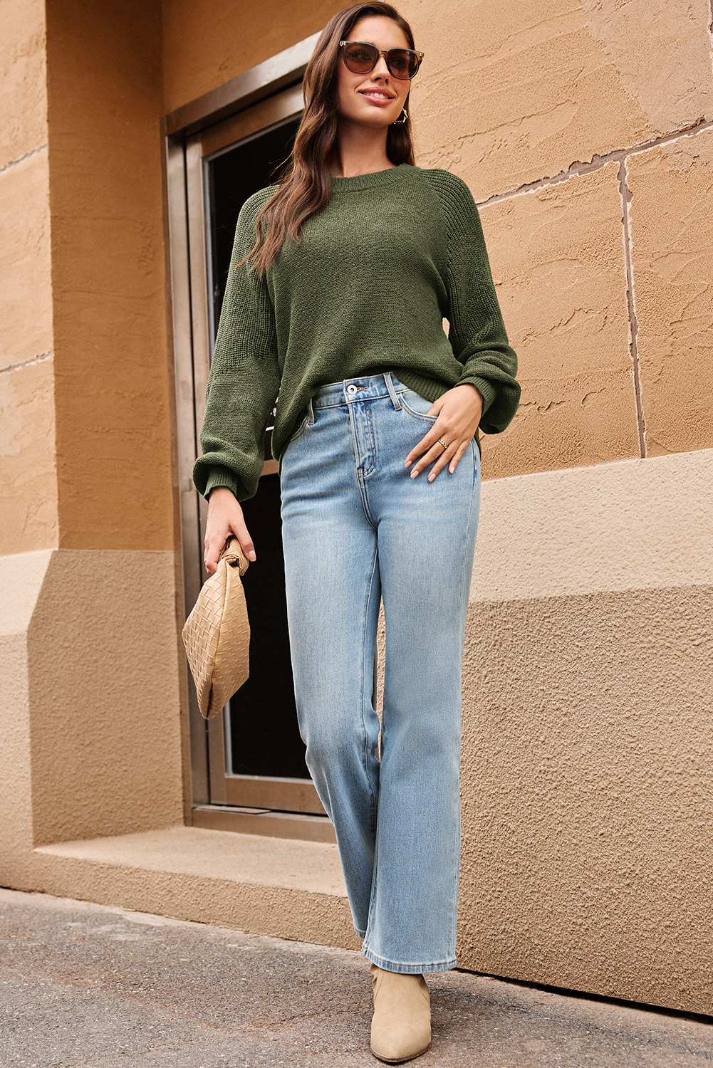 Vineyard Green Chunky Knit Raglan Sleeve Pullover Sweater