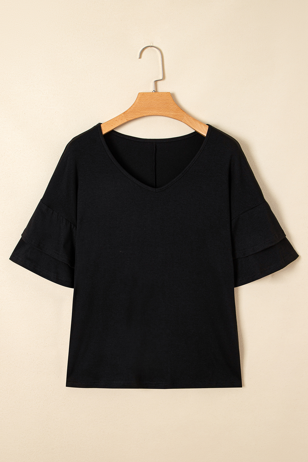 Sail Blue Solid Colour V-Neck Double Layer Sleeve Loose T-Shirt