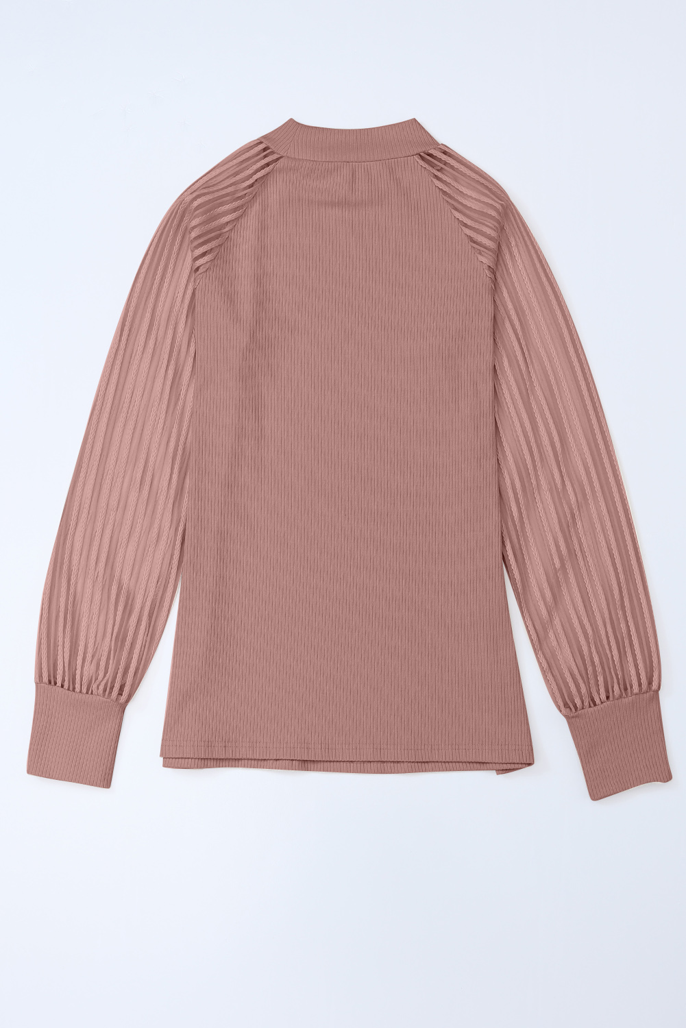 Gray Striped Mesh Long Sleeve Crewneck Ribbed Top