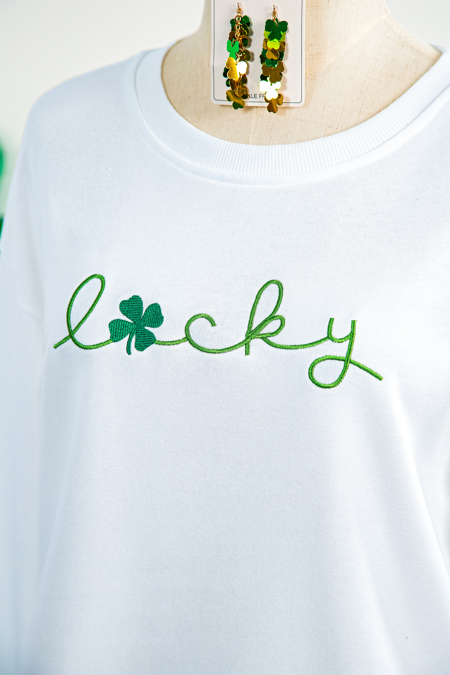 White LUCKY Clover Embroidered Long Sleeve Top