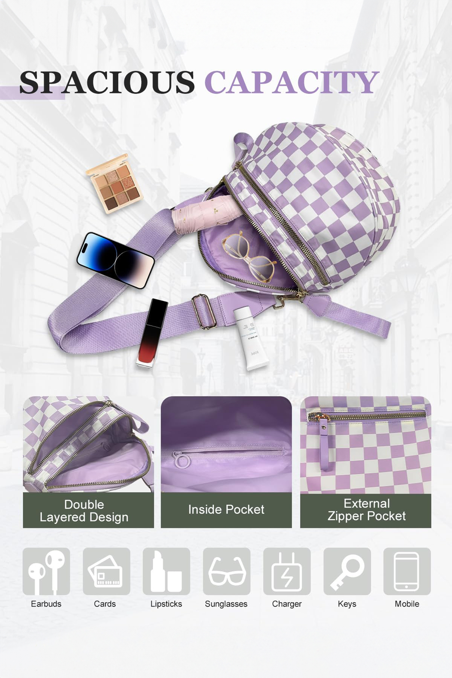 Jungle Green Double Zip Crescent Shape Adjustable Sling Bag