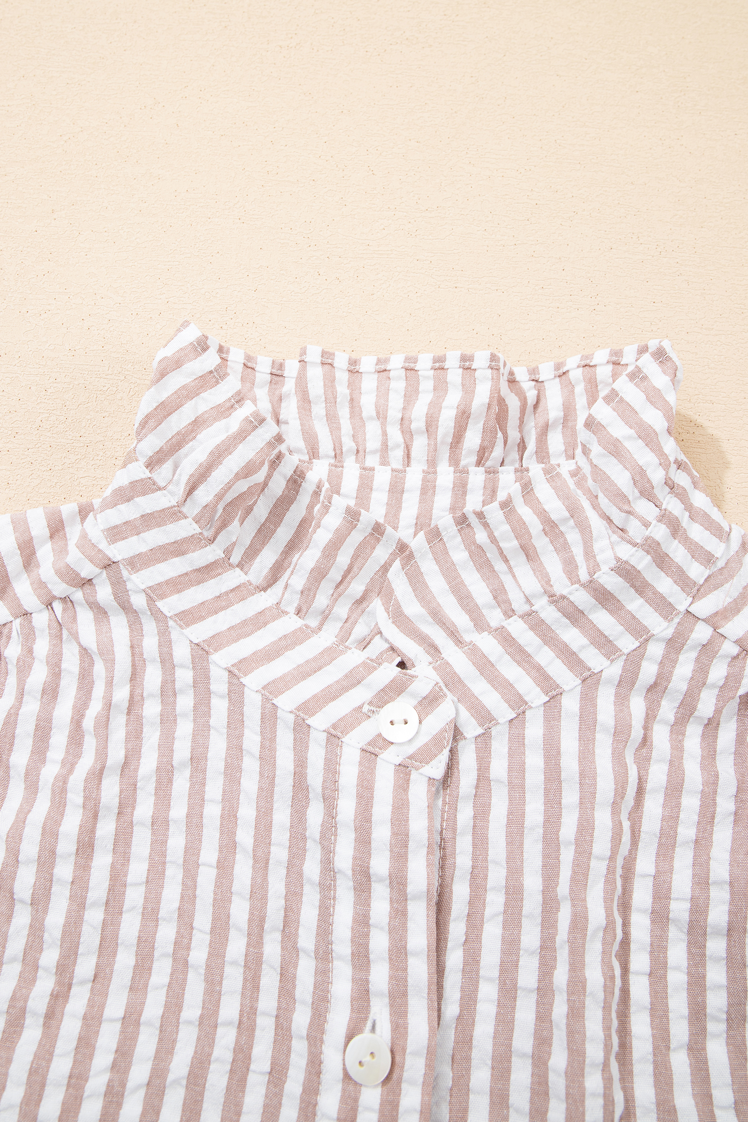 Khaki Stripe Frilled Collar Half Sleeve Shirt Maxi Dress