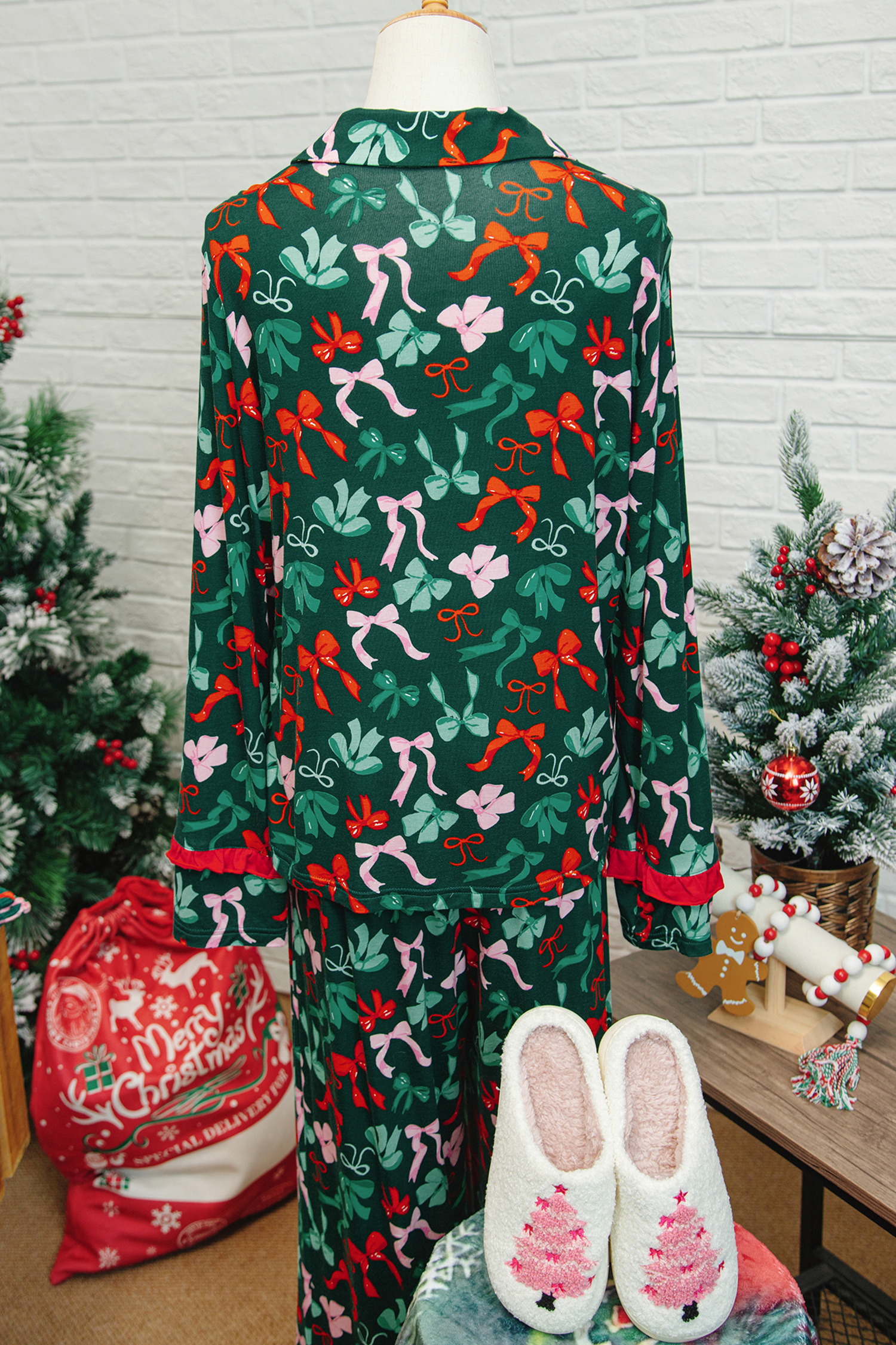 Green Festive Bow Print 2pcs Pajama Pant Set