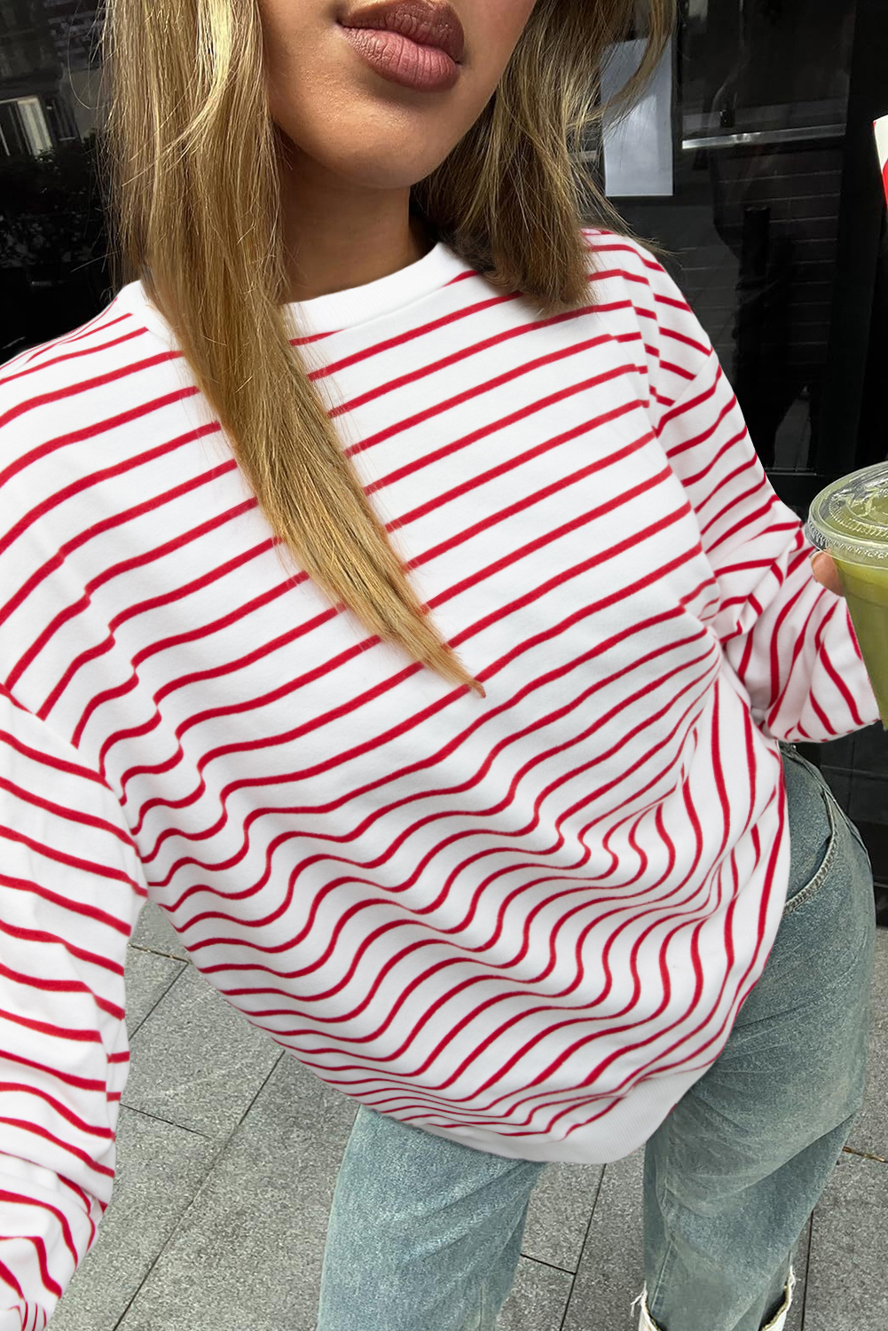 Burgundy Striped Long Sleeve Round Neck Loose Top