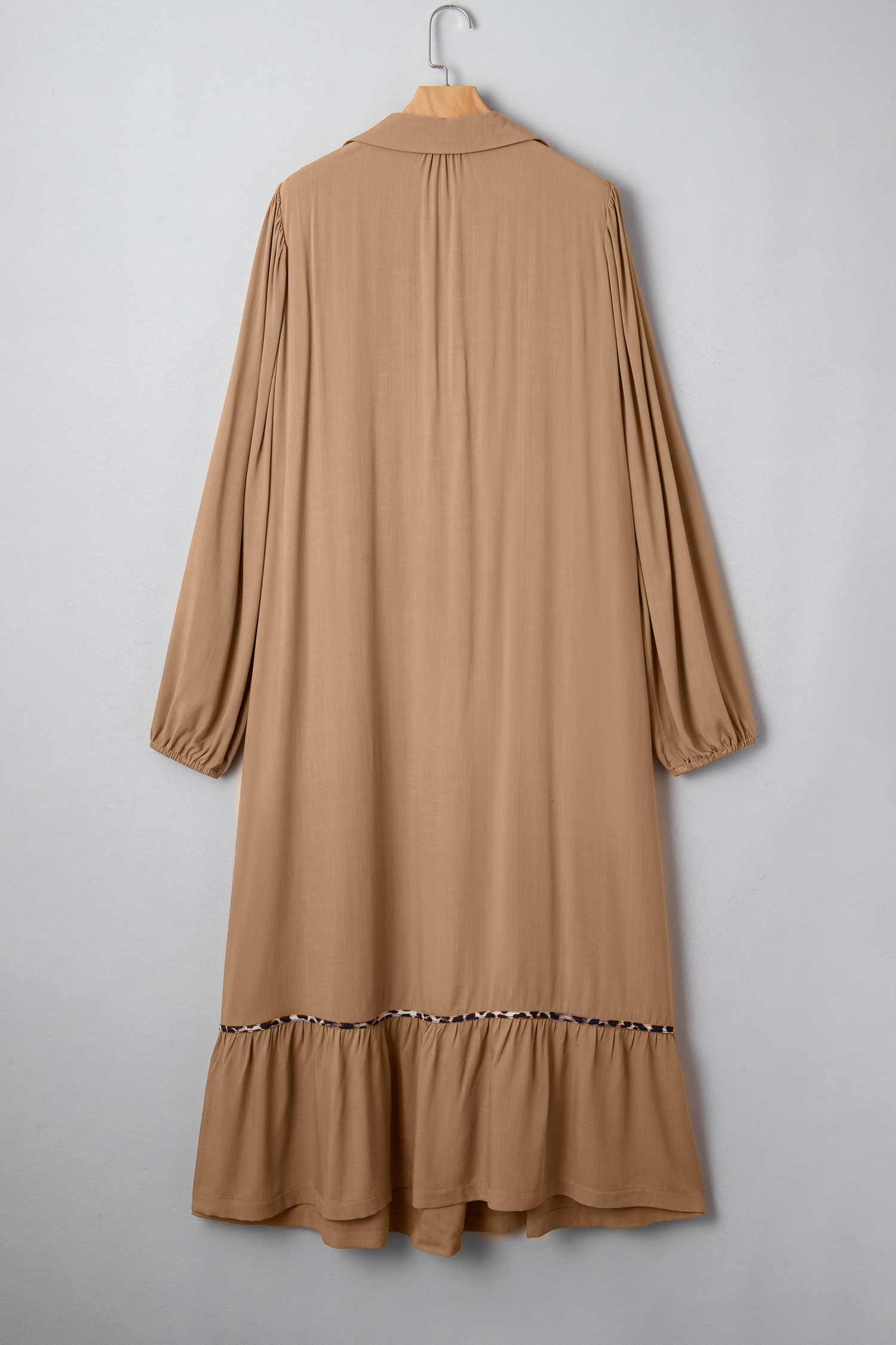 Four Leaf Clover Collared V Neck Smocked Detail Contrast Leopard Trim Bracelet Sleeve Long Dress