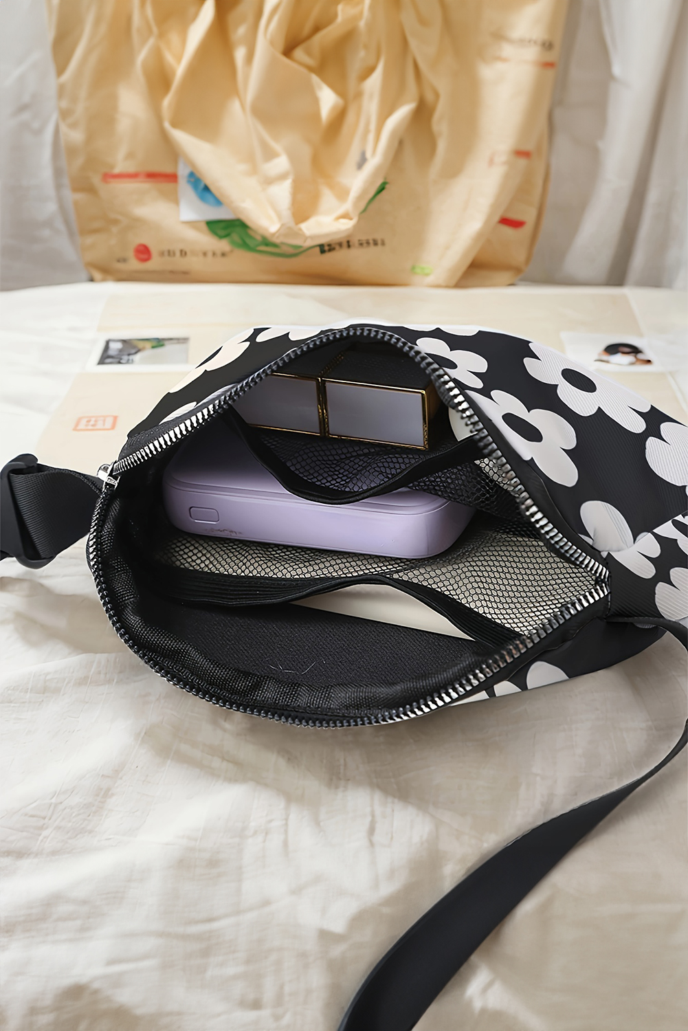 Black Flower Pattern Zipper Cross Body Bag