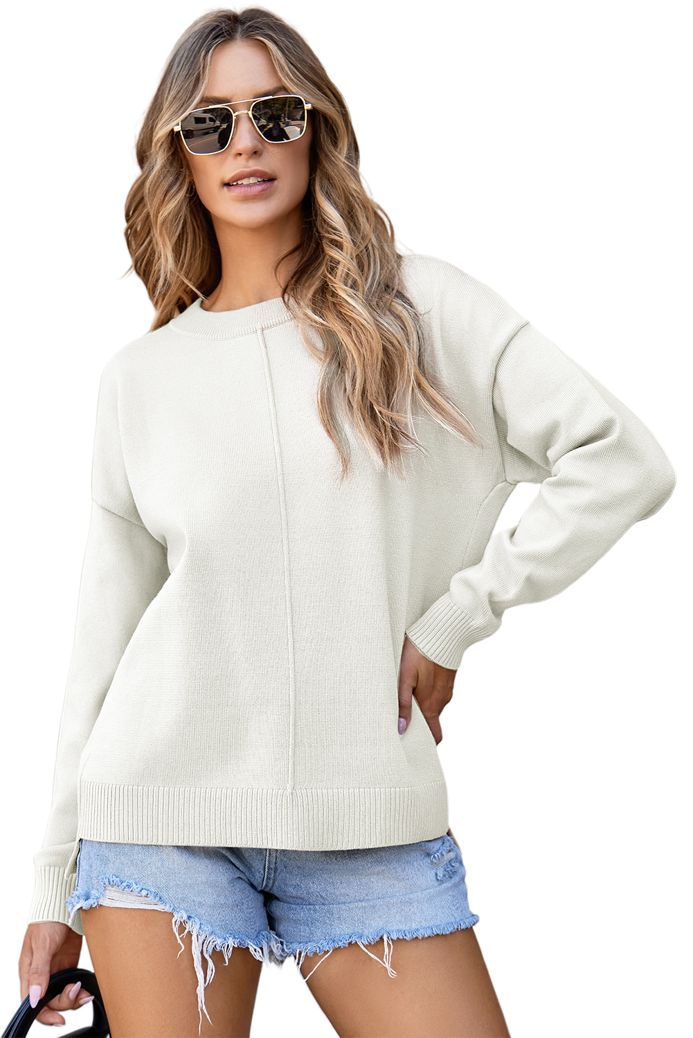 White Front Center Seam Drop Shoulder Pullover Solid Sweater