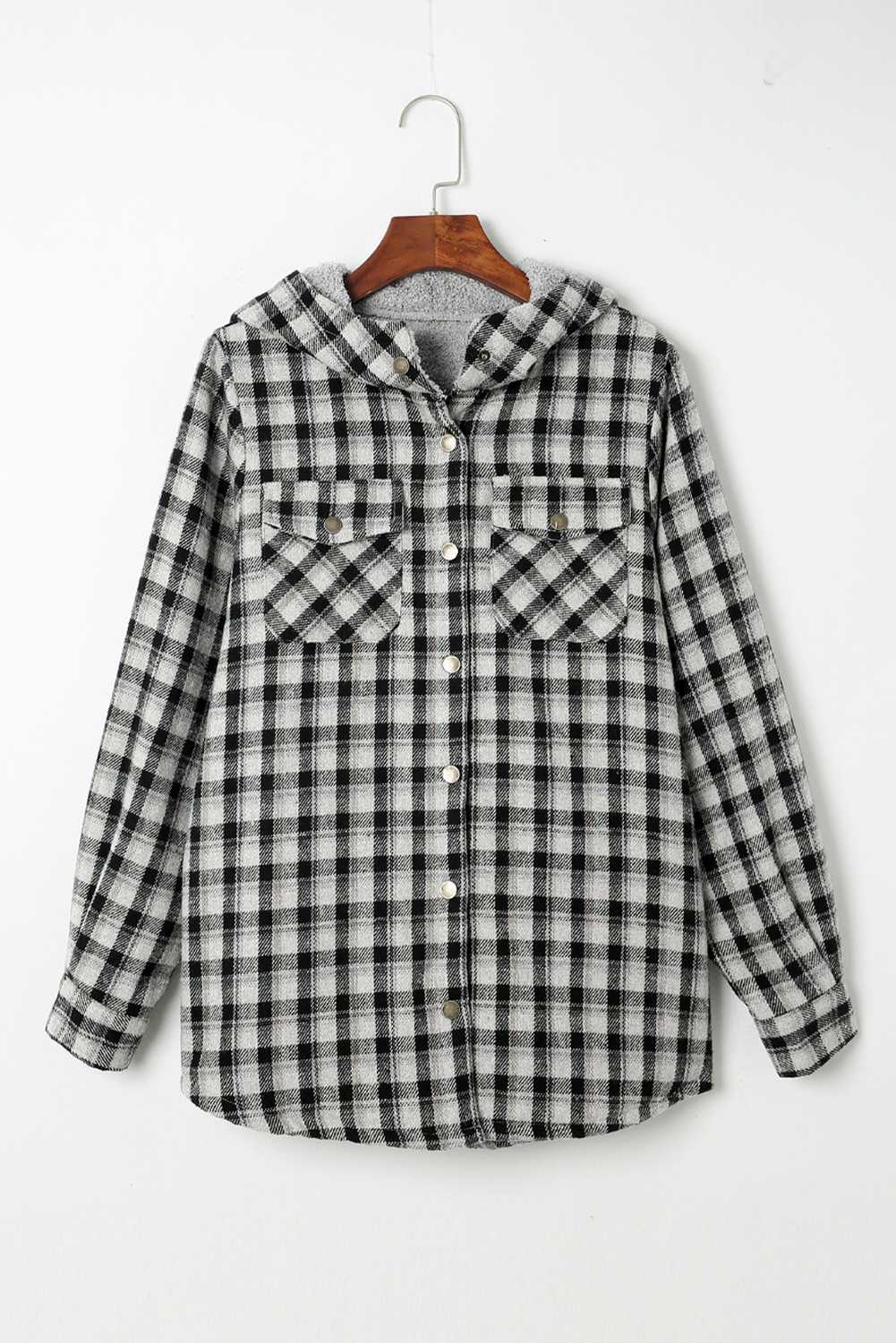 Black Plaid Pattern Sherpa Lined Hooded Shacket