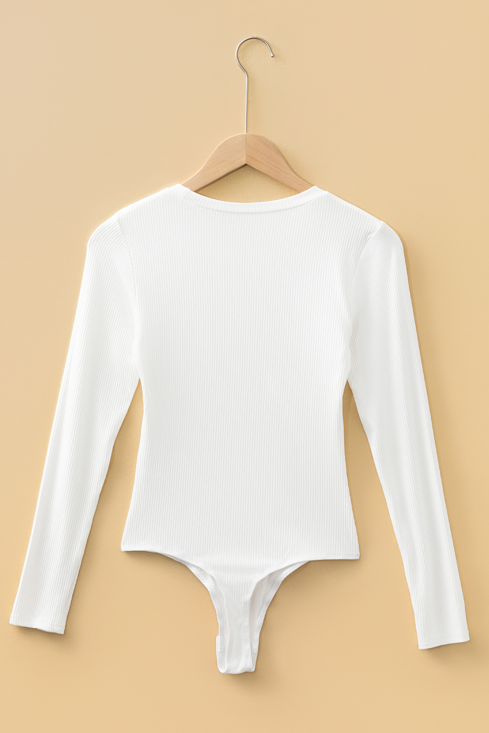 White Ribbed Long Sleeve Crew Neck Solid Color Bodysuit