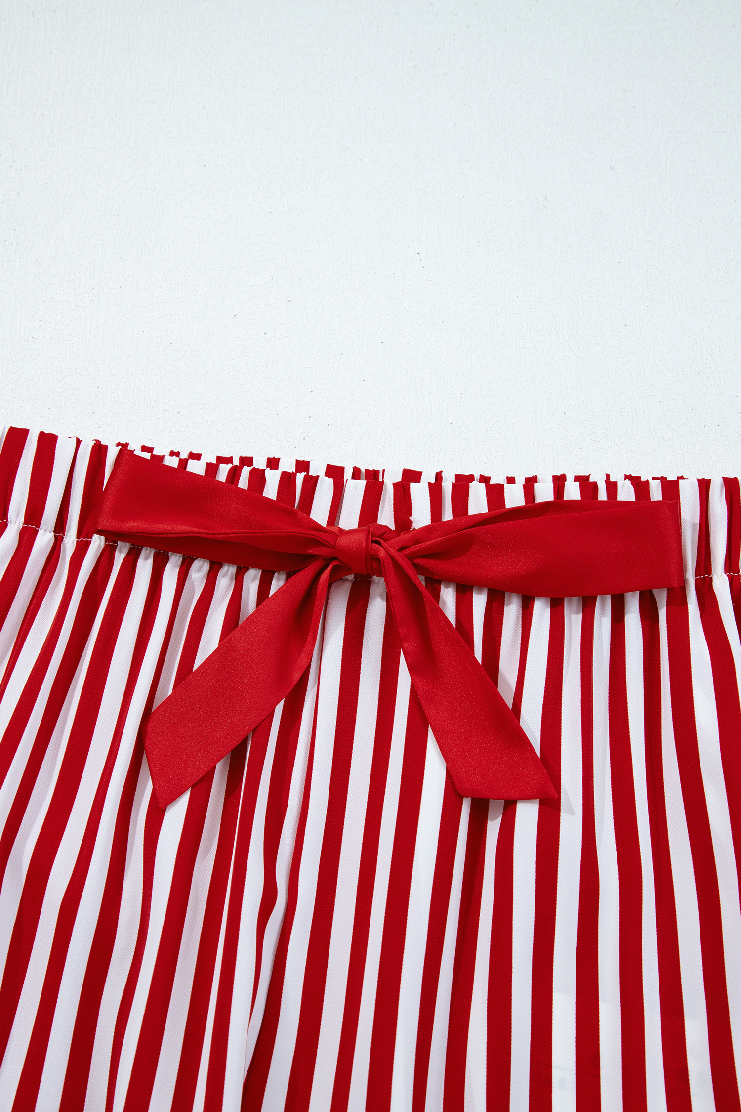 Red Stripe Contrast Velvet Trim Bow Knot Waist 2pcs Pajama Set