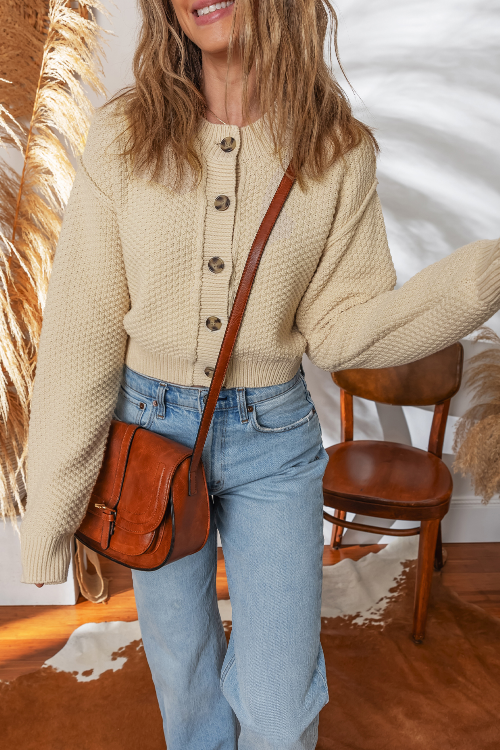 Beige Button Front Cropped Cardigan Sweater