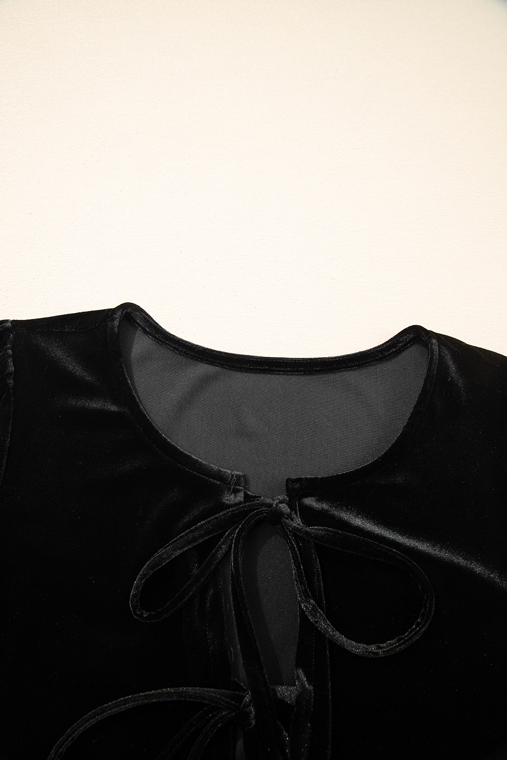 Black Front Tie Velvet Bubble Sleeve Mini Dress