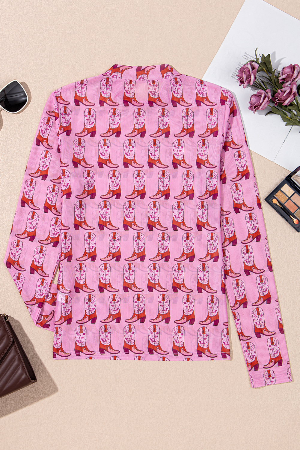 Pink Cowgirl Boots Printed Mock Neck Long Sleeve Mesh Top