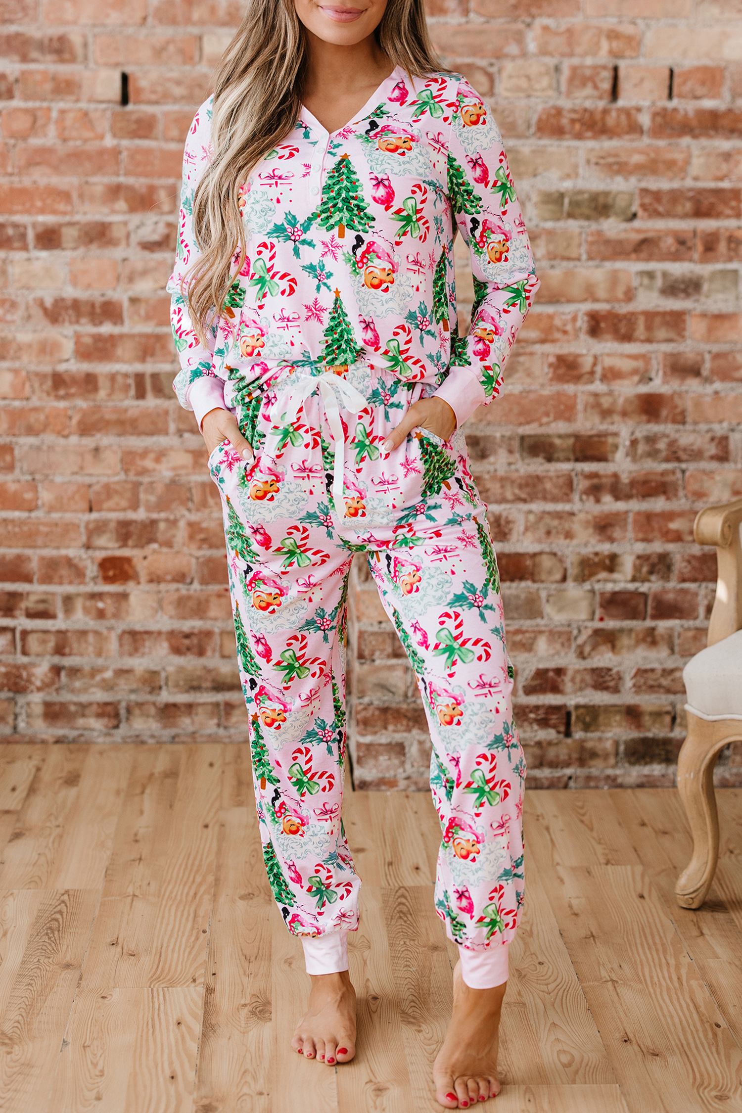 White Christmas Pattern Button V Neck Pullover Drawstring Pants 2pcs Lounge Set