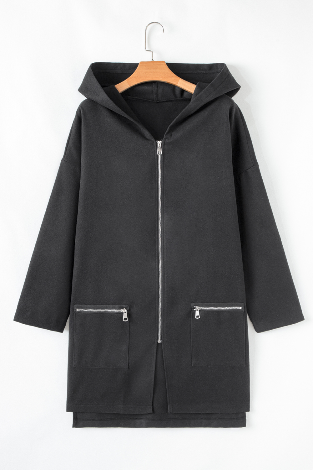 Black Solid Color Casual Zip up Hooded Coat
