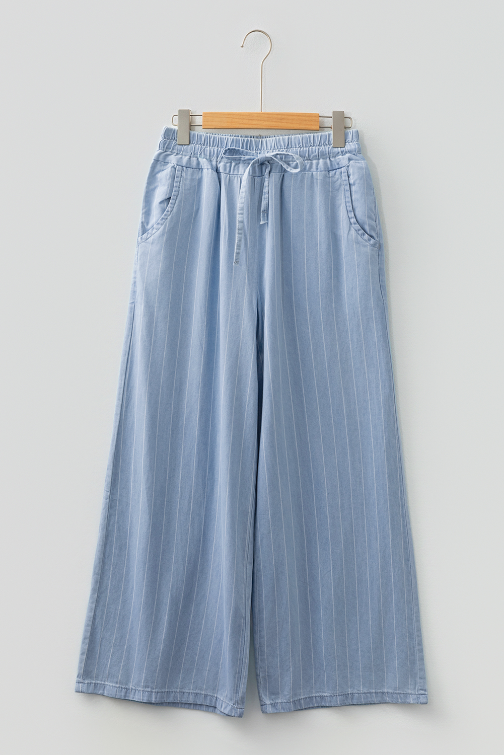 Blue Stripe Chambray Wide Leg Tied Elastic Waist Trousers