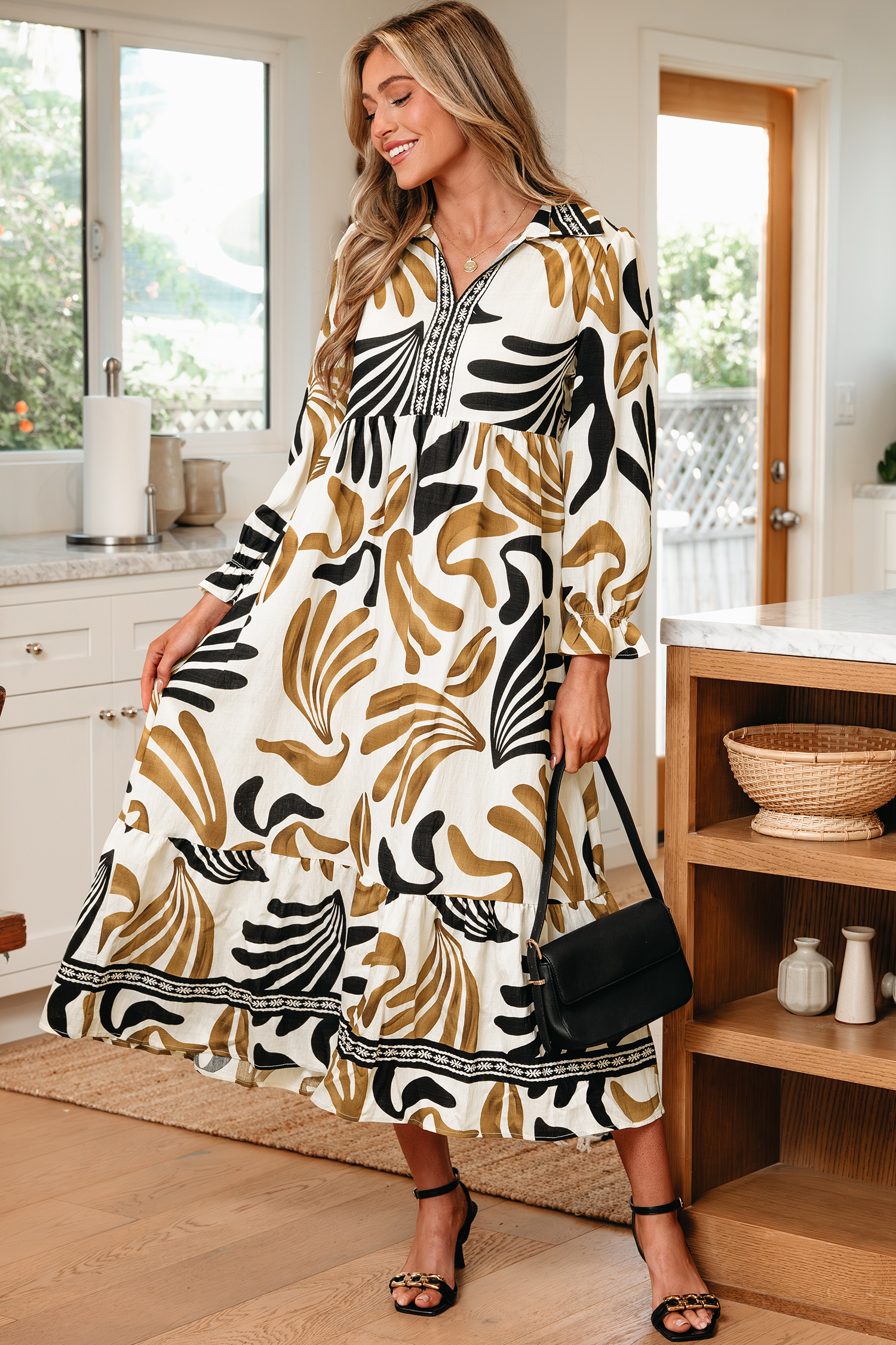 Brown Tropical Printed Contrast Trim Neck Long Sleeve Ruffle Hem Dress