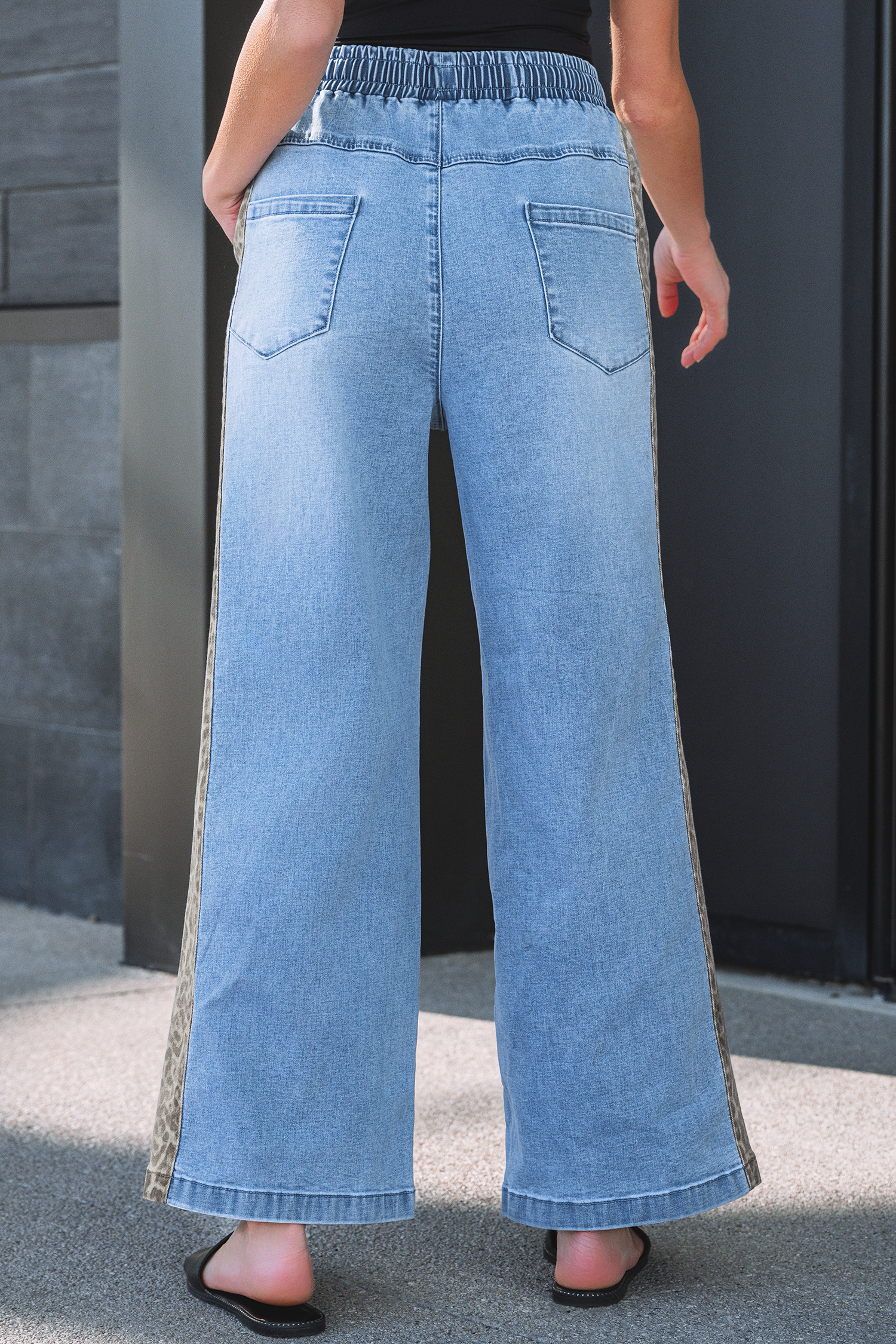 Beau Blue Drawstring Elastic Waist Leopard Striped Side Panel Wide Leg Jeans