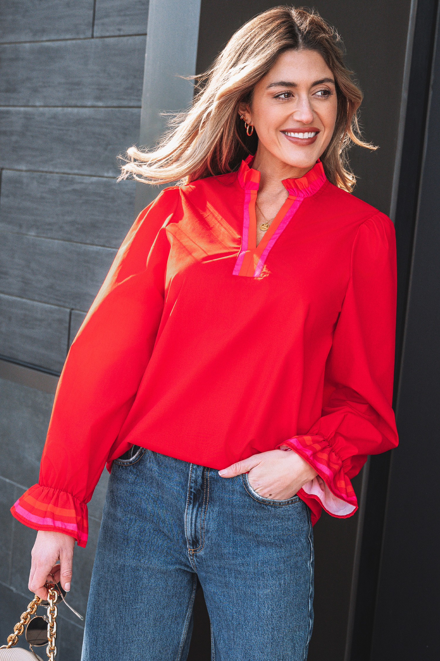 Four Leaf Clover Striped Trim Ruffle Split Neck Long Sleeve Blouse