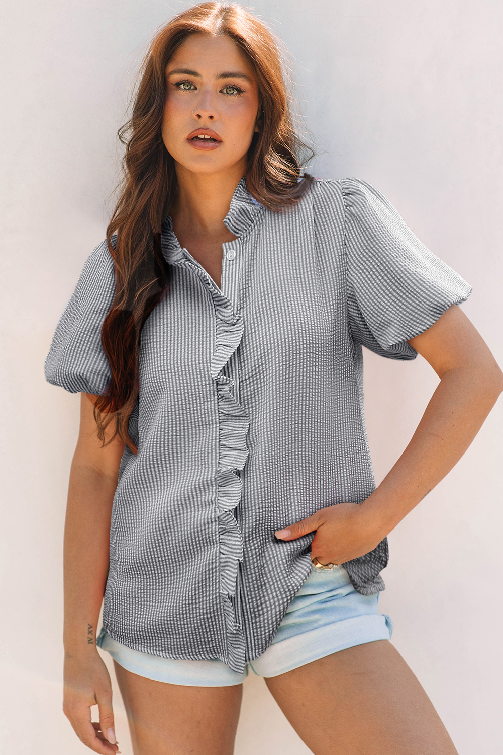 Black Striped Ruffle Short Bubble Sleeve Shirt