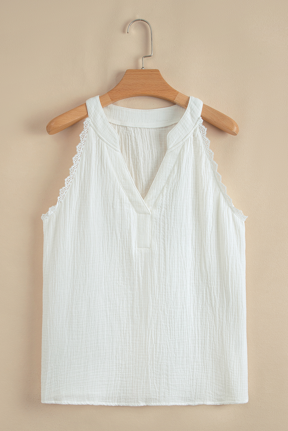 White Textured Lace Trim Pure Cotton Sleeveless Top