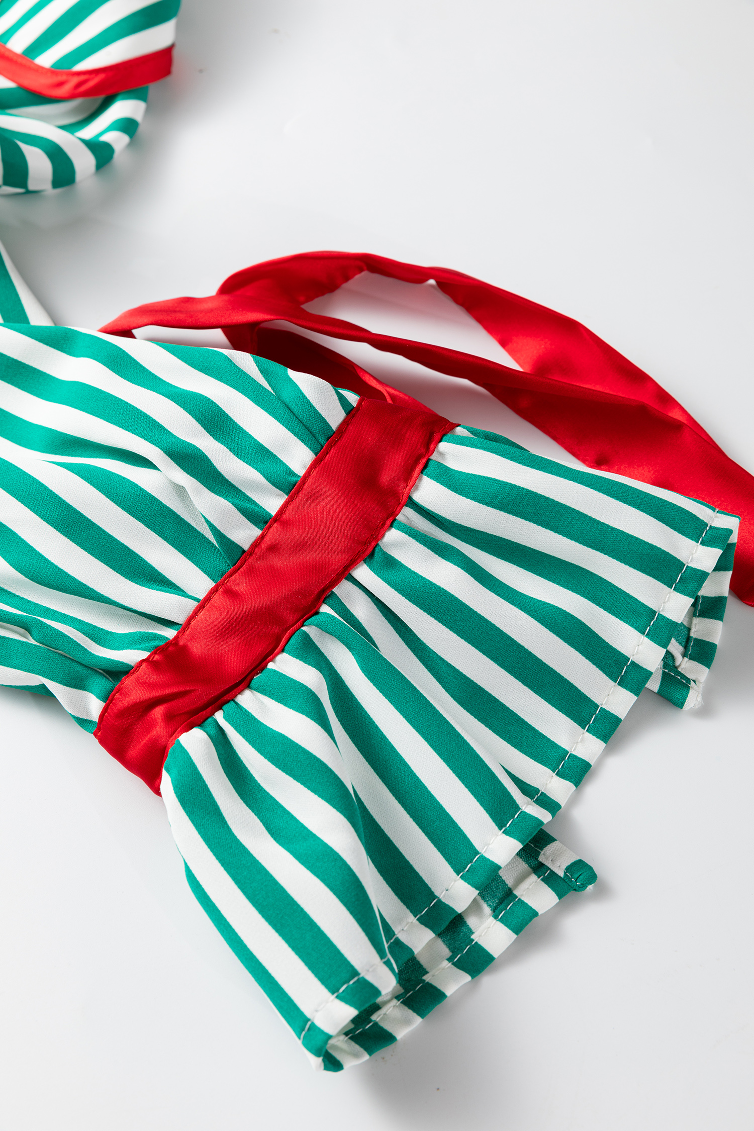 Red Stripe Contrast Velvet Trim Bow Knot Waist 2pcs Pajama Set