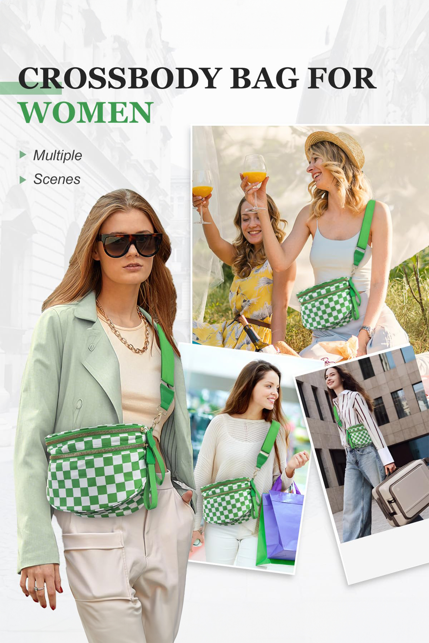 Jungle Green Double Zip Crescent Shape Adjustable Sling Bag