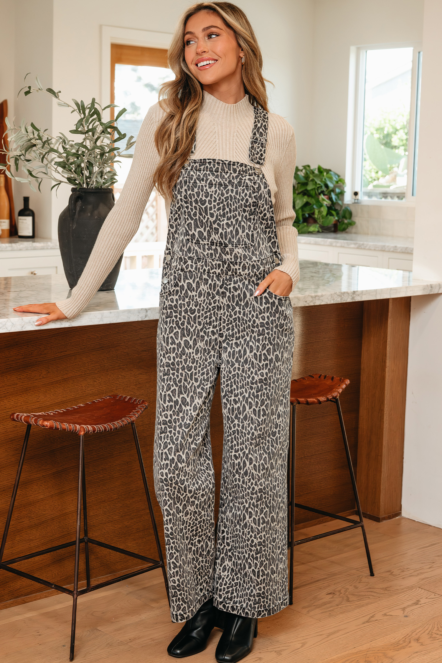 Brown  Leopard Print Straight Leg Loose Denim Overall Jumpsuit