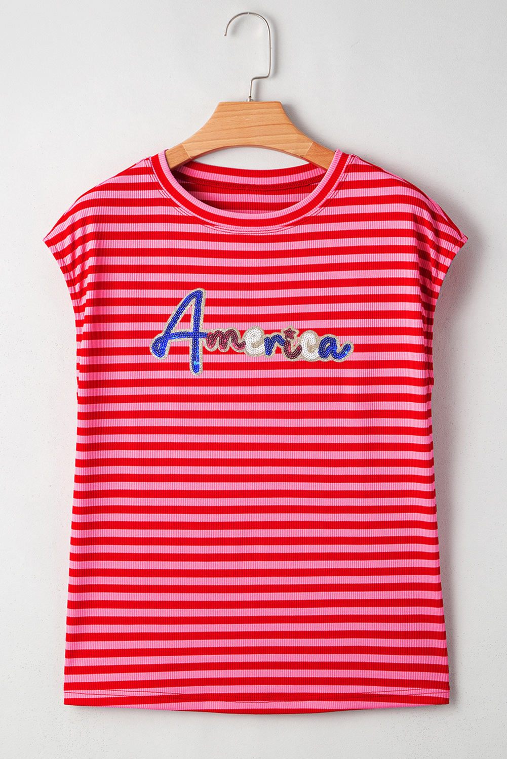 Sky Blue Stripe Ribbed Cap Sleeve Round Neck T Shirt