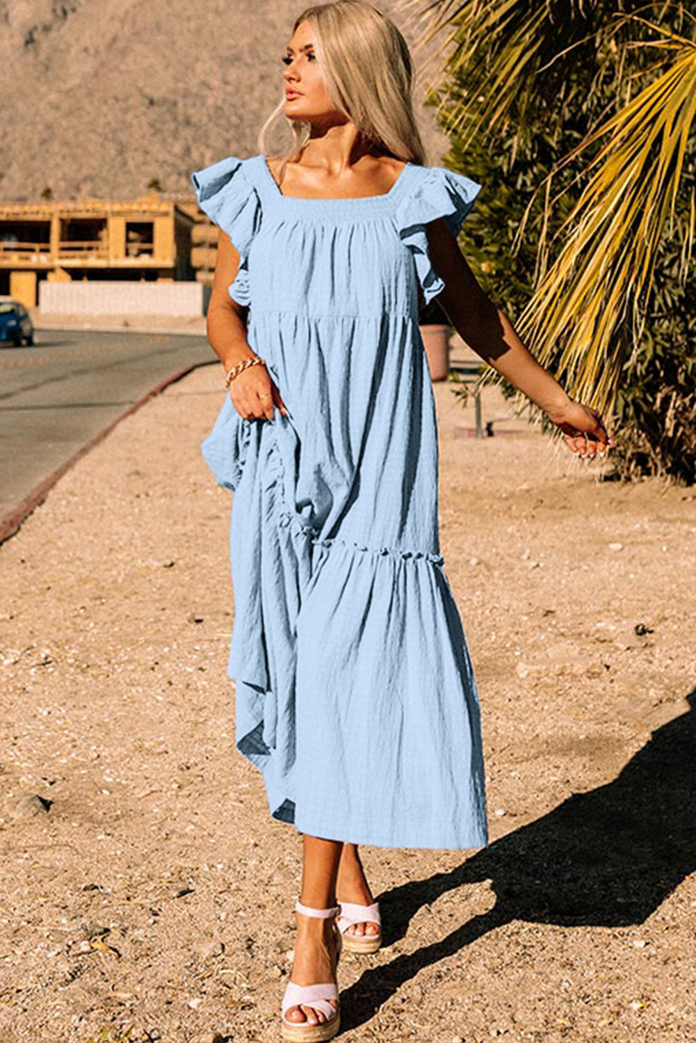 Sky Blue Ruffled Flutter Sleeve Square Neck Textured Tiered Maxi Dress
