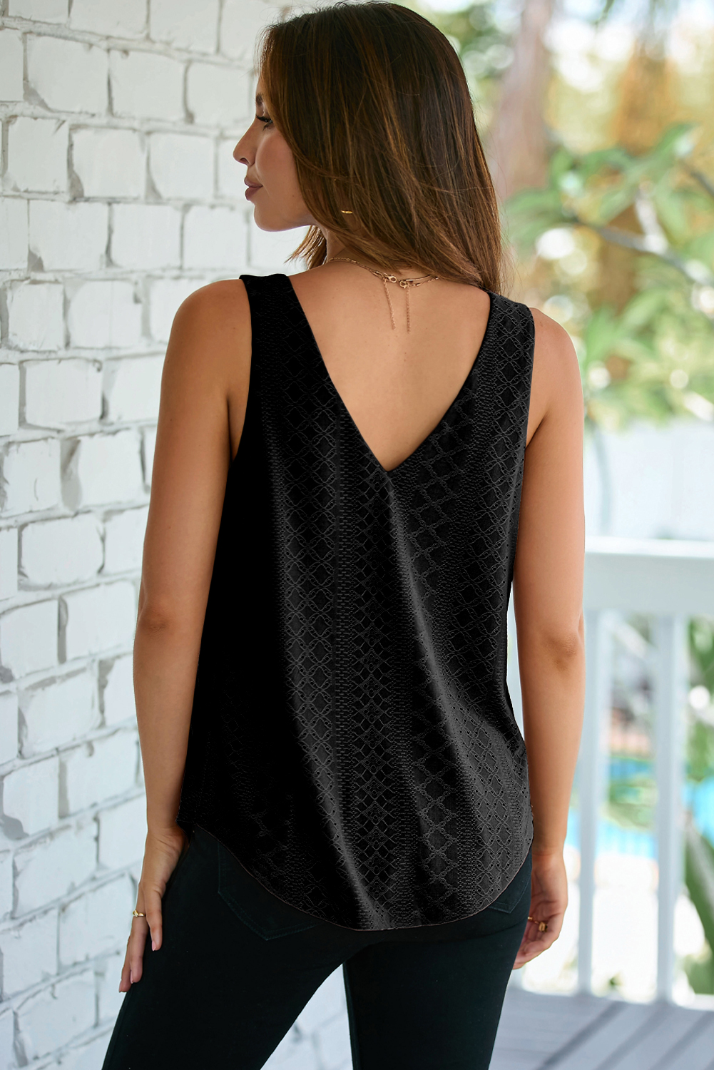 Coffee Eyelet Knit Patterned Loose V Neck Tank Top