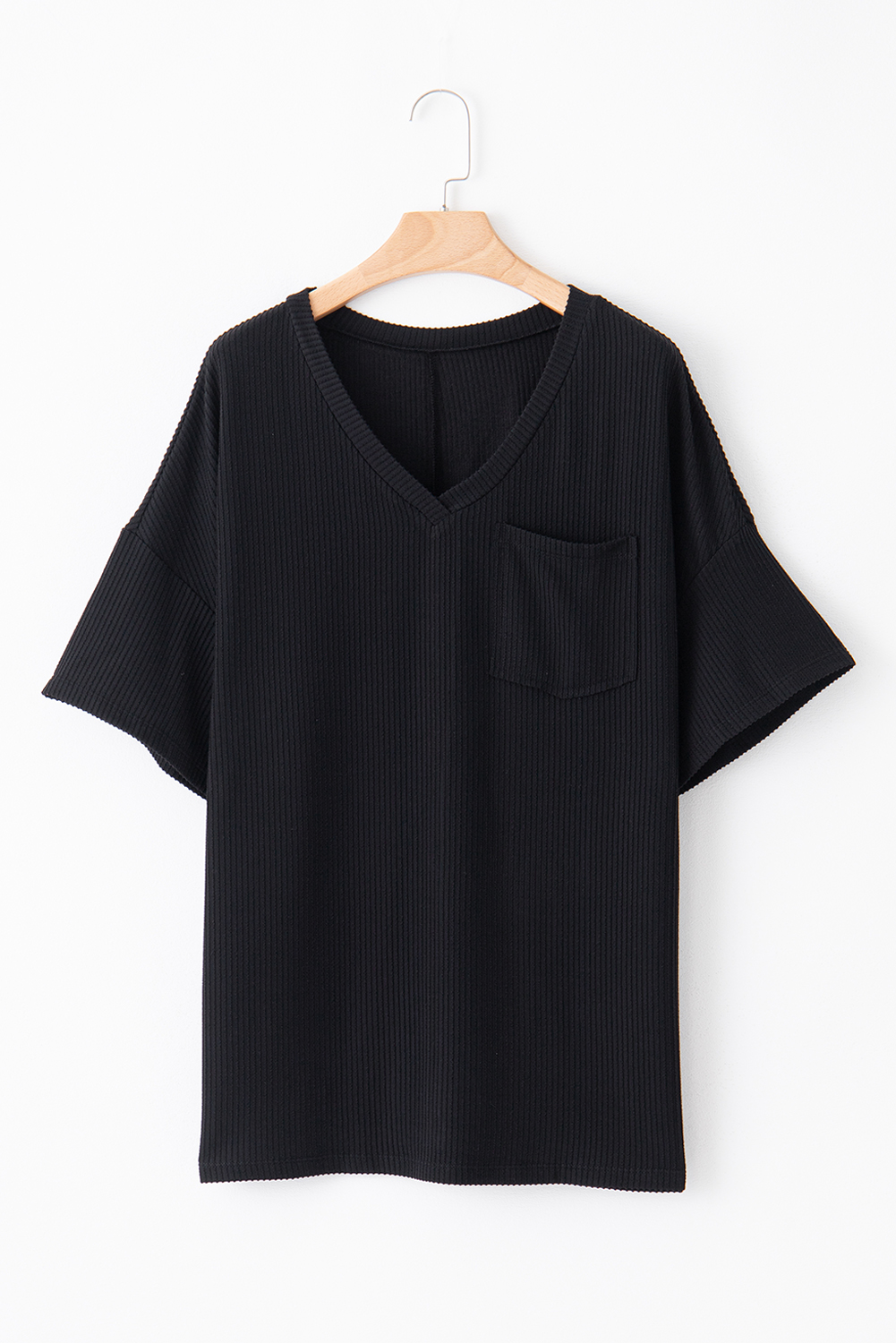 Black Textured V-Neck Dropped Shoulder Plus T-Shirt