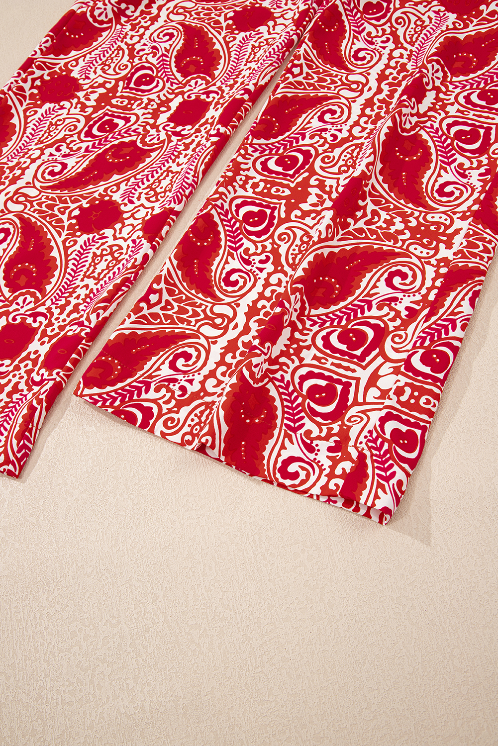 Red Paisley Printed Buttoned High Waist Straight Leg Pants