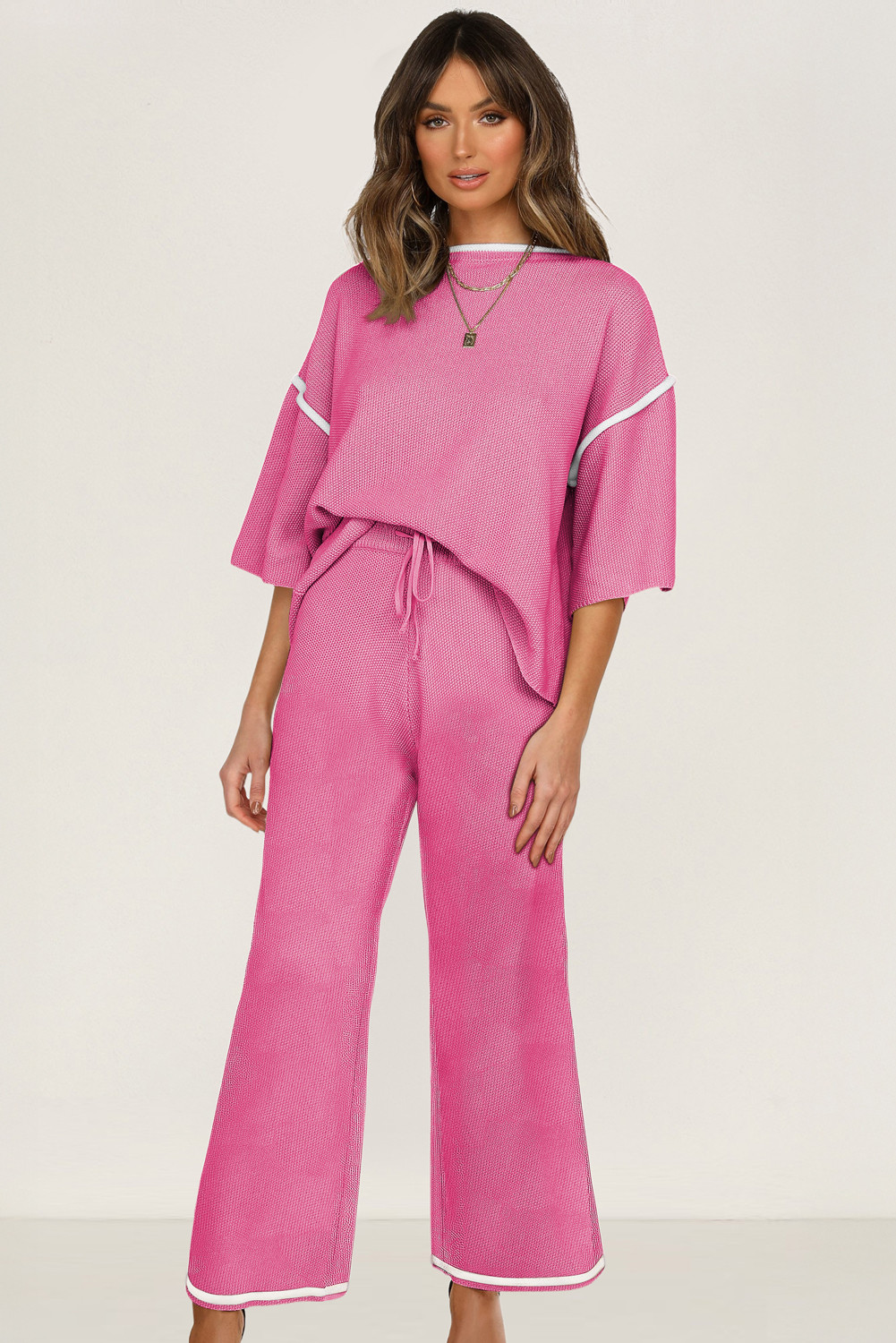 Blackish Green Contrast Trim Half Sleeve Top Drawstring Pants Loose 2pcs Sweater Suit