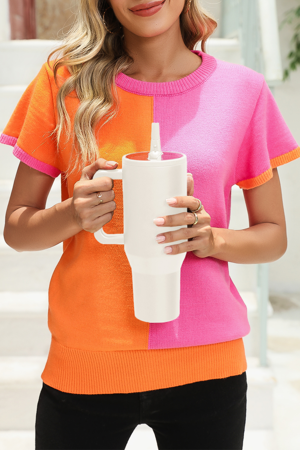 White Frosted Stainless Handle Large Vacuum Cup with Straw 40oz