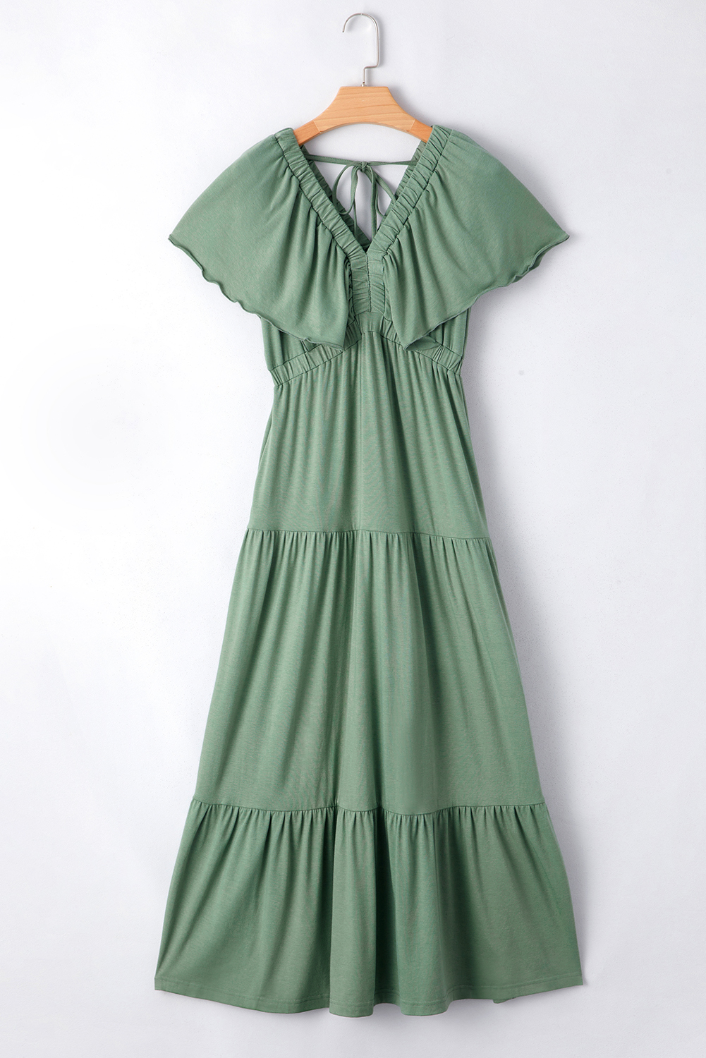 Grass Green Textured V Neck Flutter Sleeve Ruffled Maxi Dress