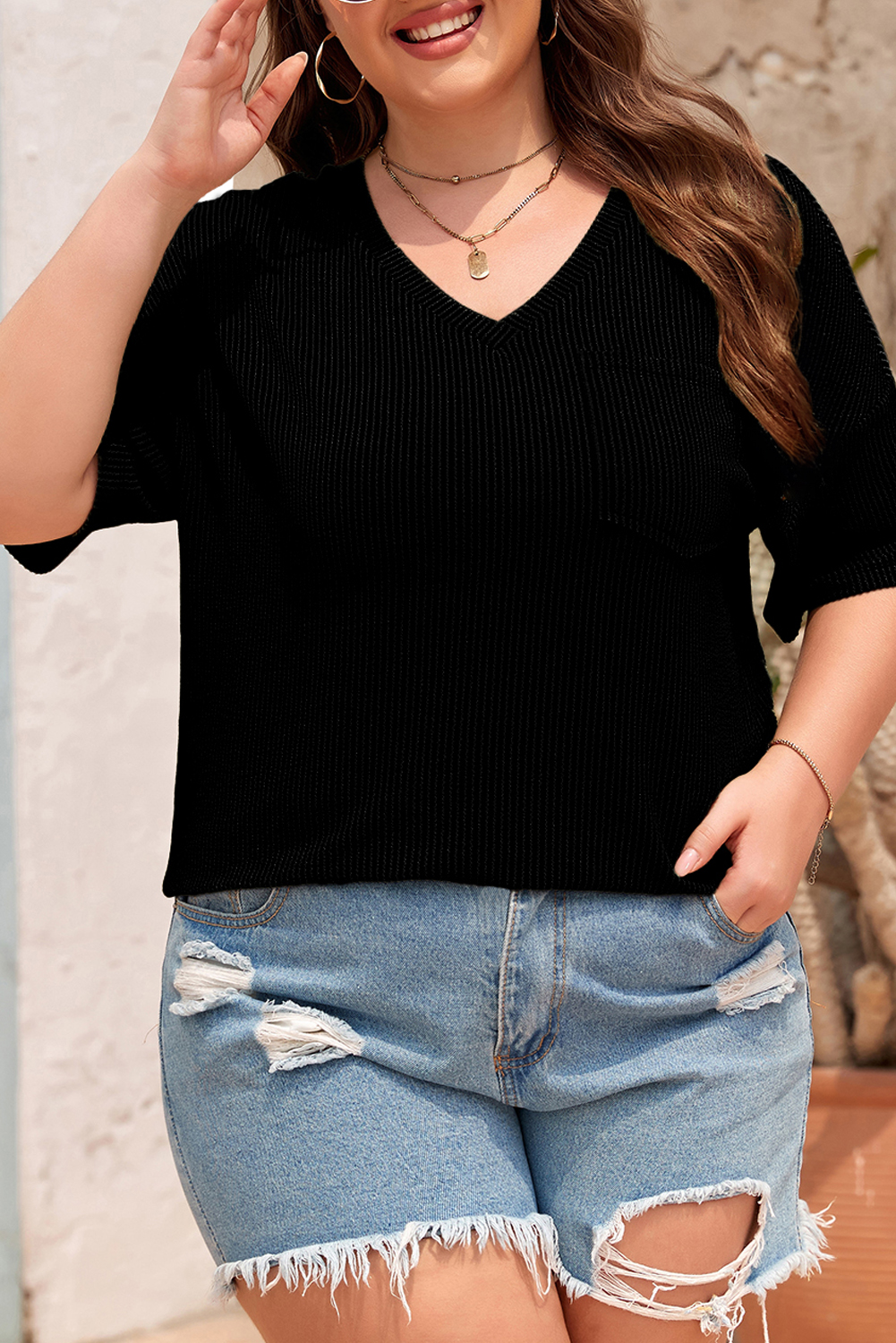 Black Textured V-Neck Dropped Shoulder Plus T-Shirt