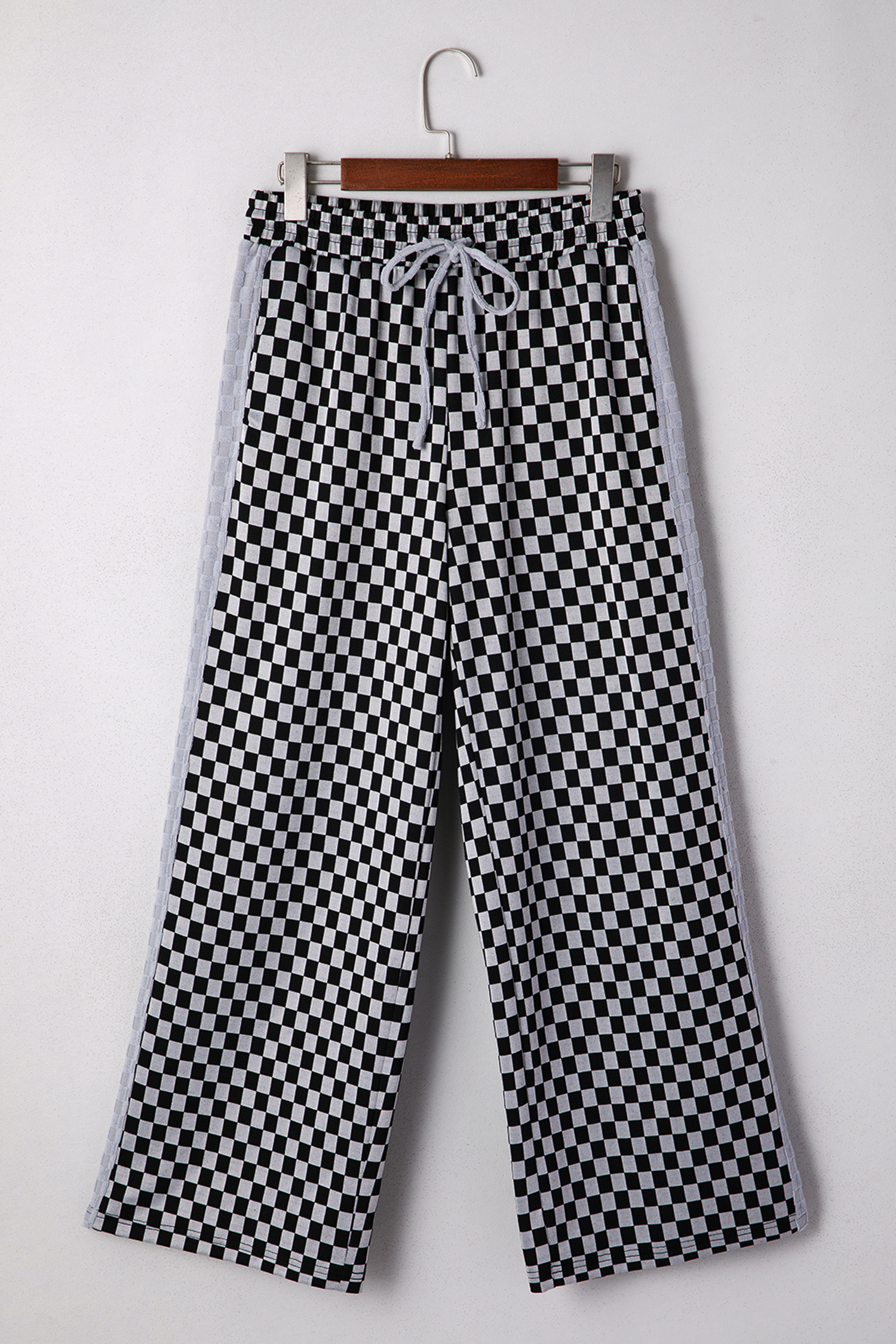 White Checkerboard Drawstring Waist Casual Pants