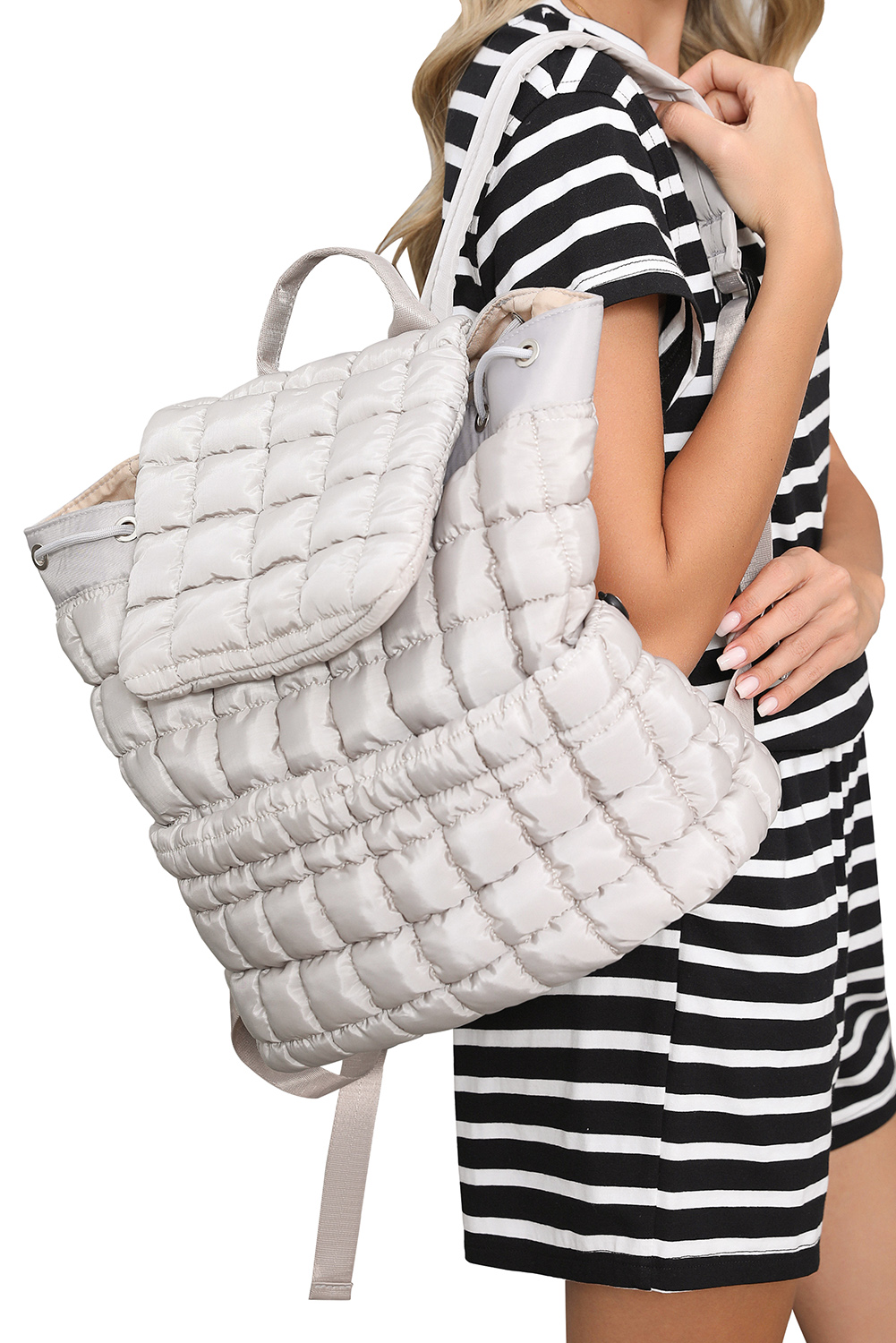 Black Solid Flapped Quilted Puffer Backpack