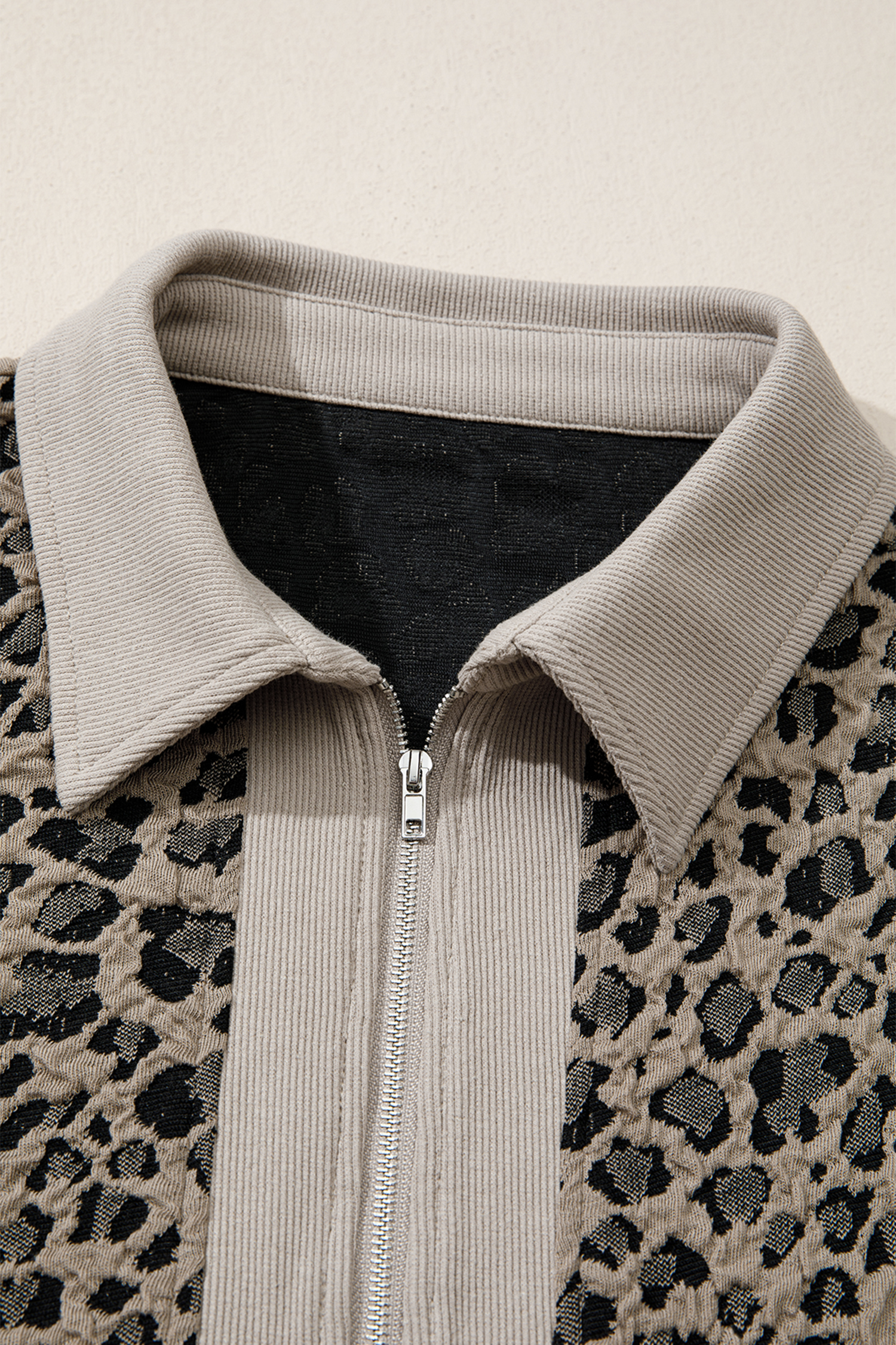 Beige Zip up Collared Leopard Cap Sleeve Top