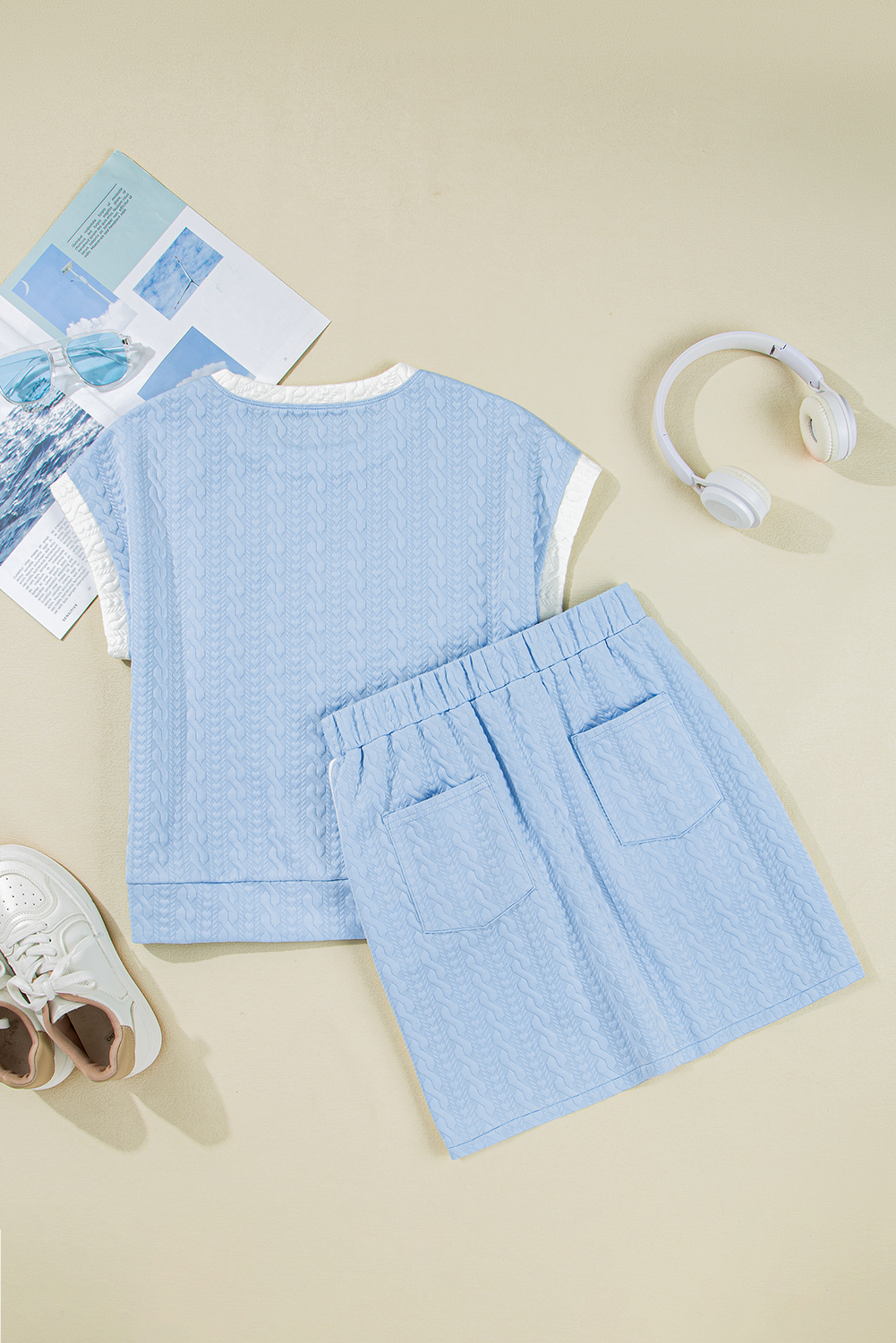Beau Blue Contrast Trim Textured Crewneck Tee and Pocketed Skirt Set