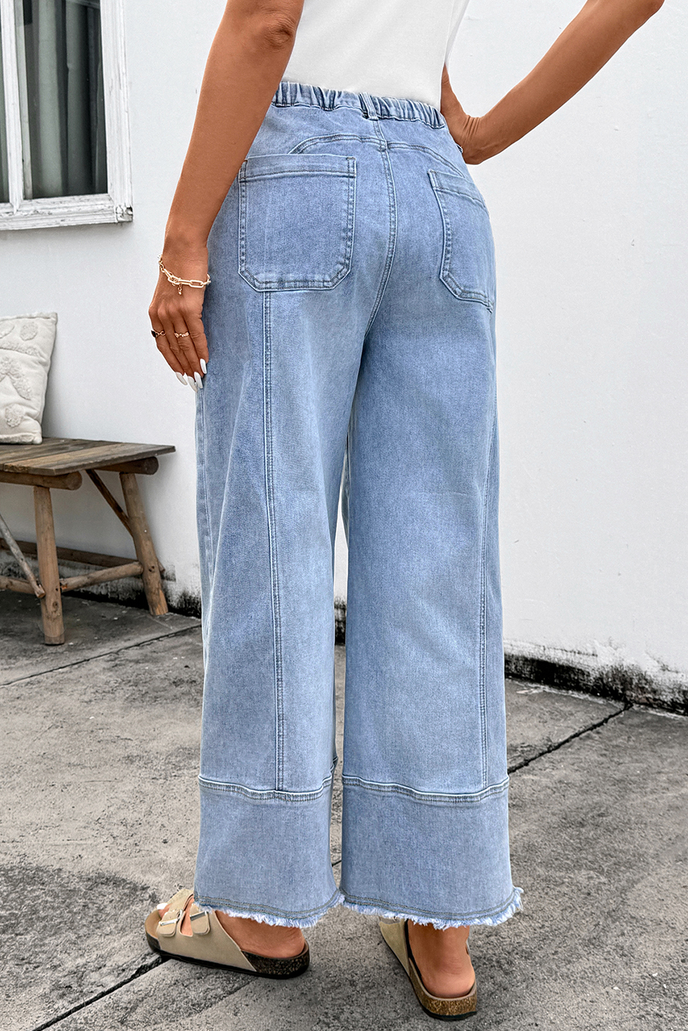 Beau Blue Drawstring Seam Detail Raw Hem Wide Leg Denim Pants