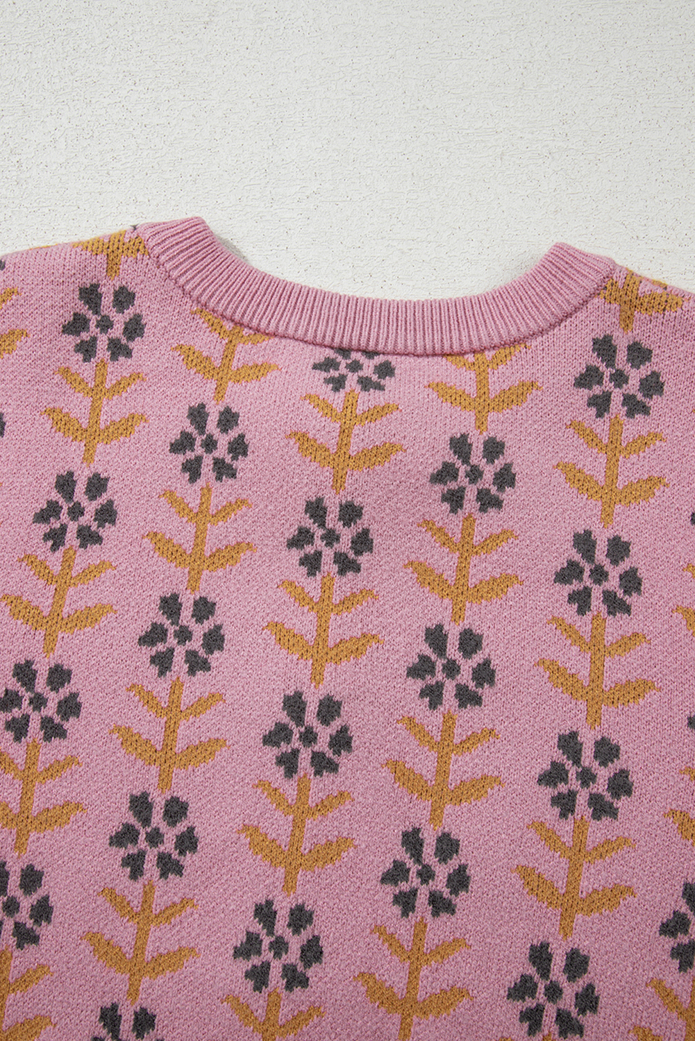 Pink Floral Button Down Ribbed Banded Cardigan Sweater