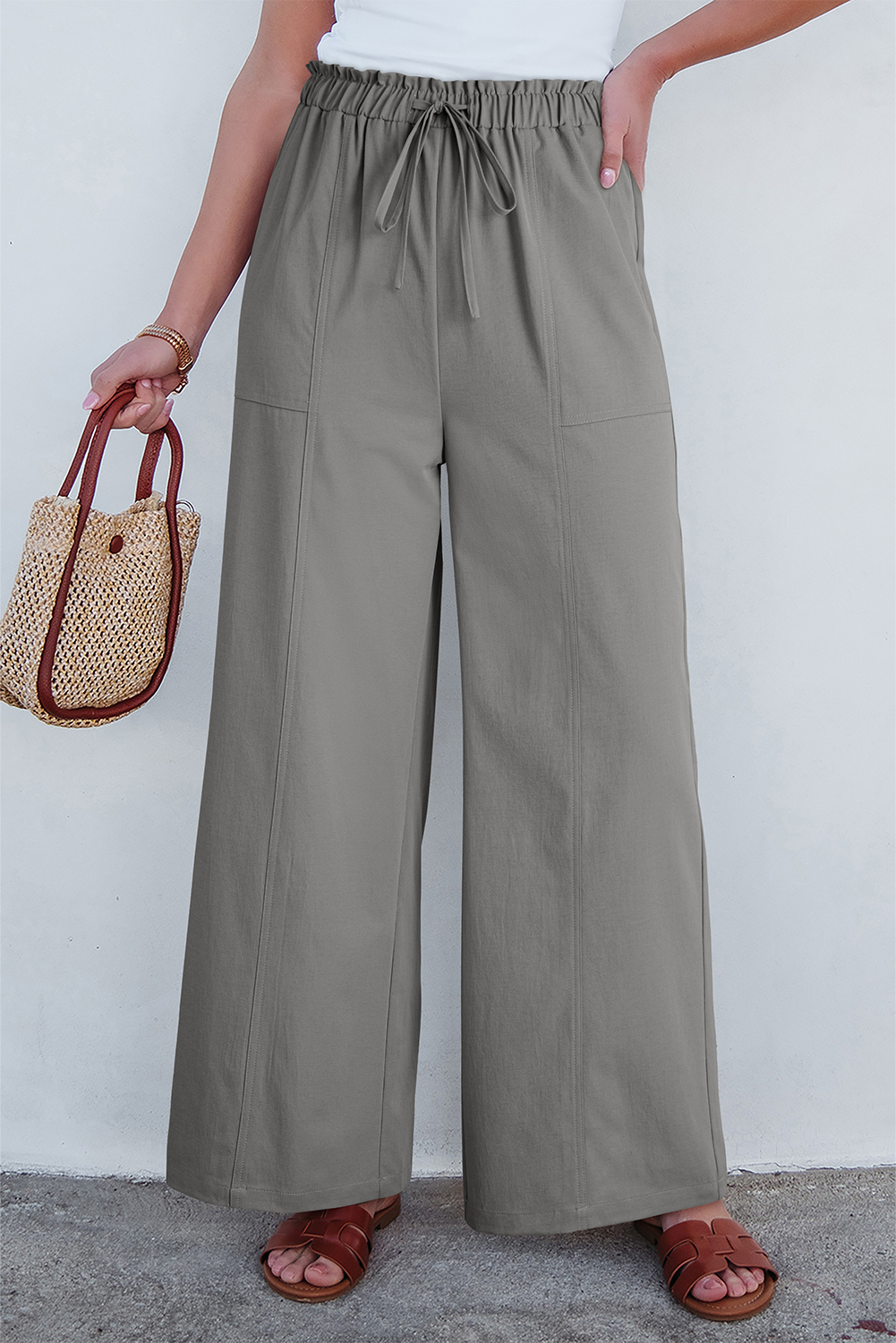 Gray Solid Color Drawstring Elastic Waist Casual Loose Pants