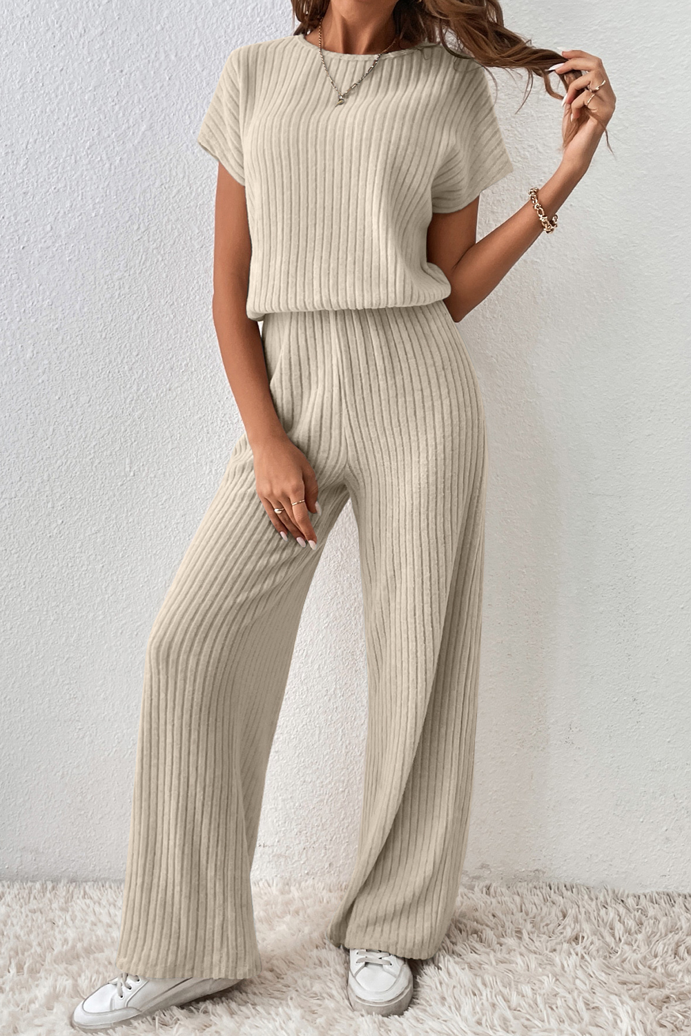 Oatmeal Ribbed Keyhole Short Sleeve Wide Leg Jumpsuit