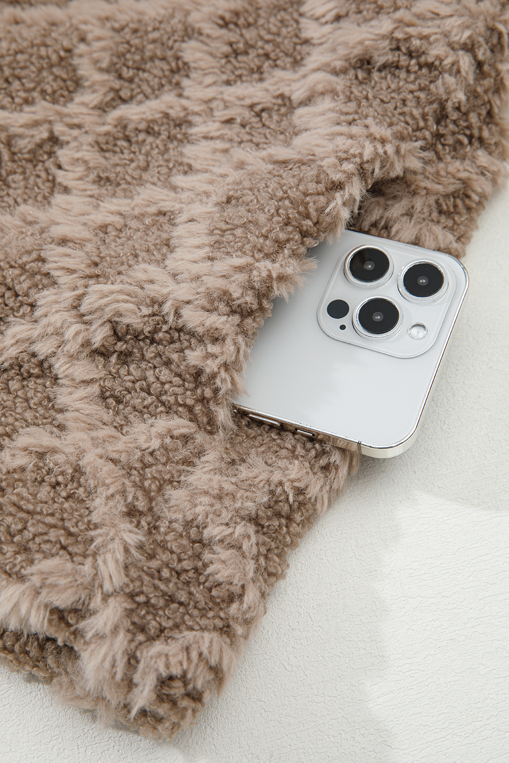 Chestnut Sherpa Rhombus Zip Up Side Pocket Hooded Jacket